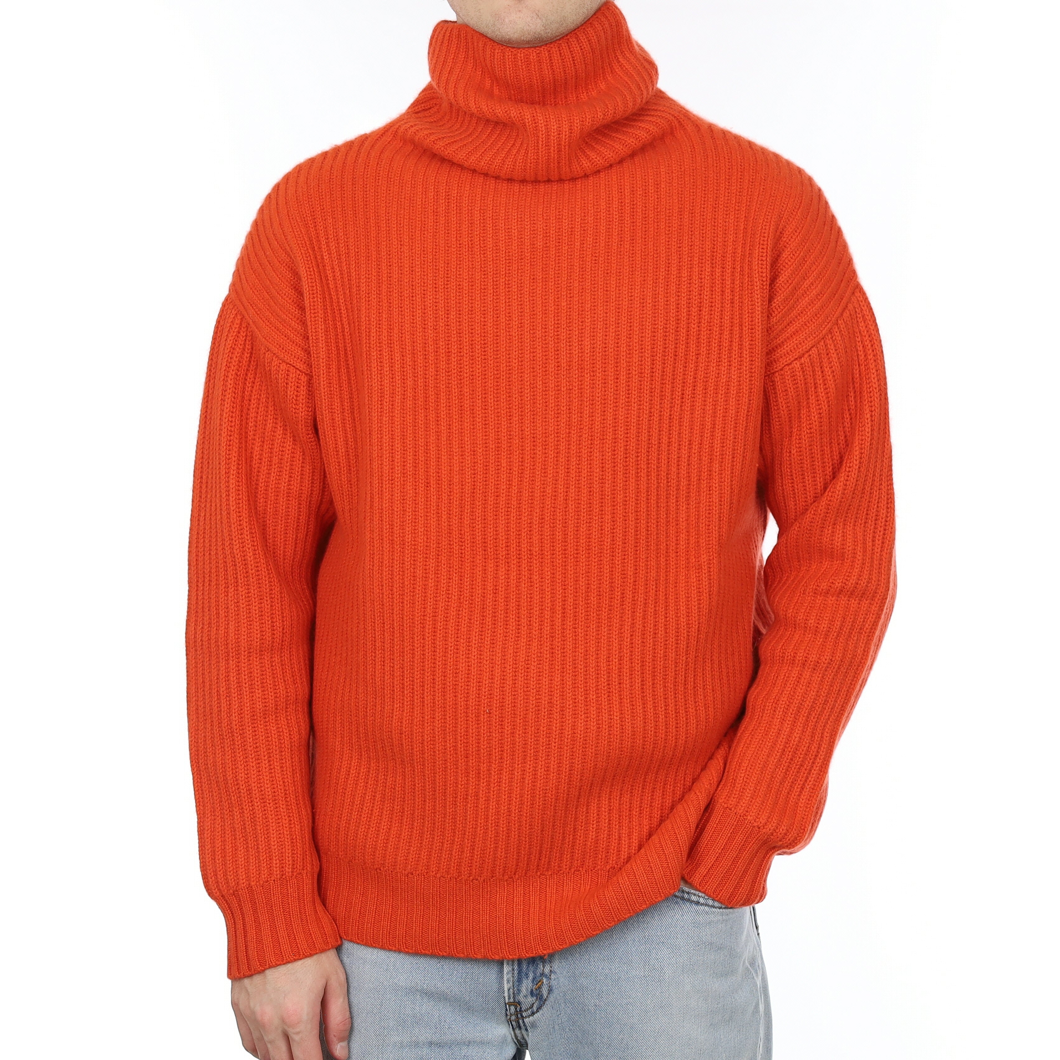 Men's Tangerine Orange Extra Chunky Rib Cashmere Polo Neck Jumper Large