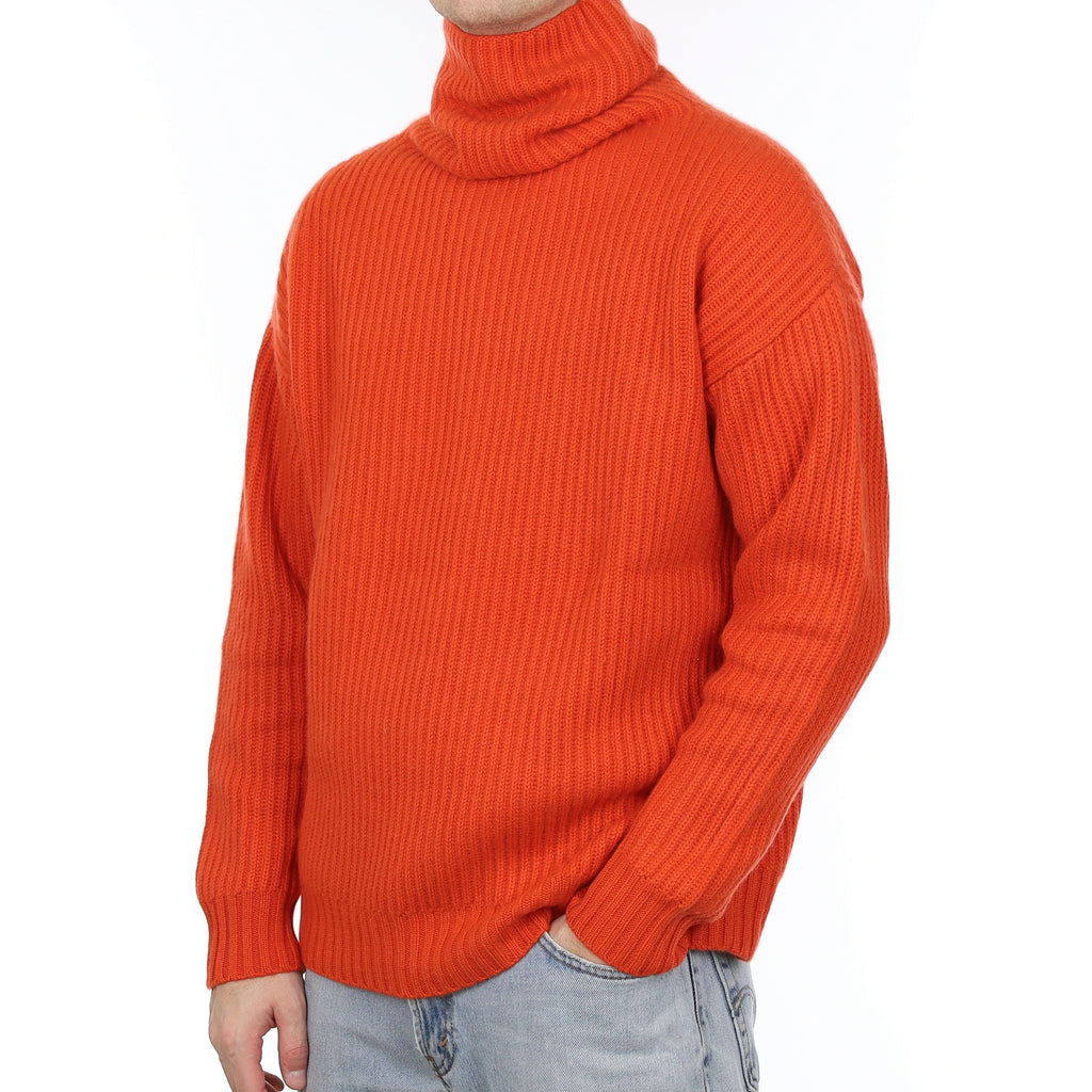 Men's Tangerine Orange Extra Chunky Rib Cashmere Polo Neck Jumper Large