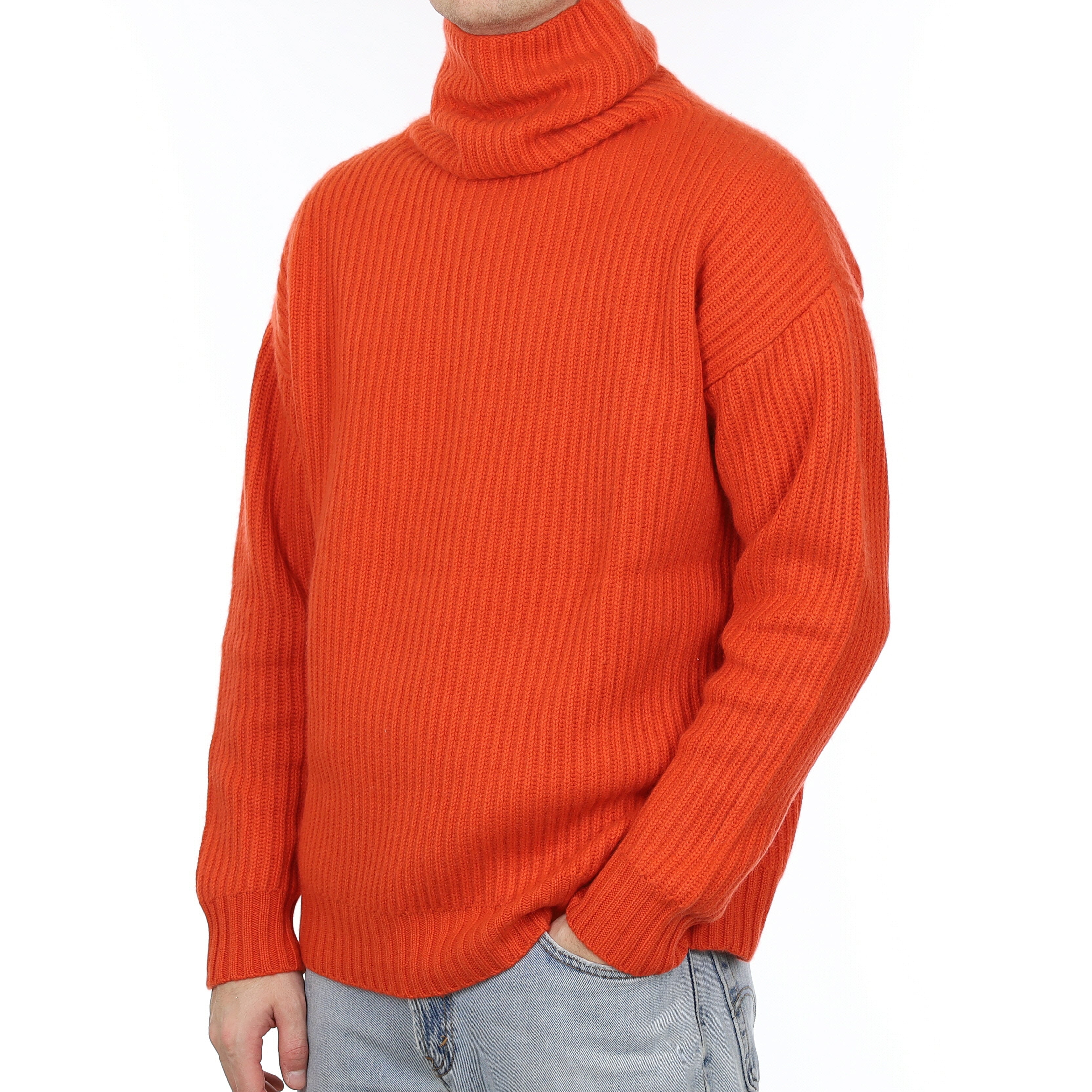 Men's Tangerine Orange Extra Chunky Rib Cashmere Polo Neck Jumper Large