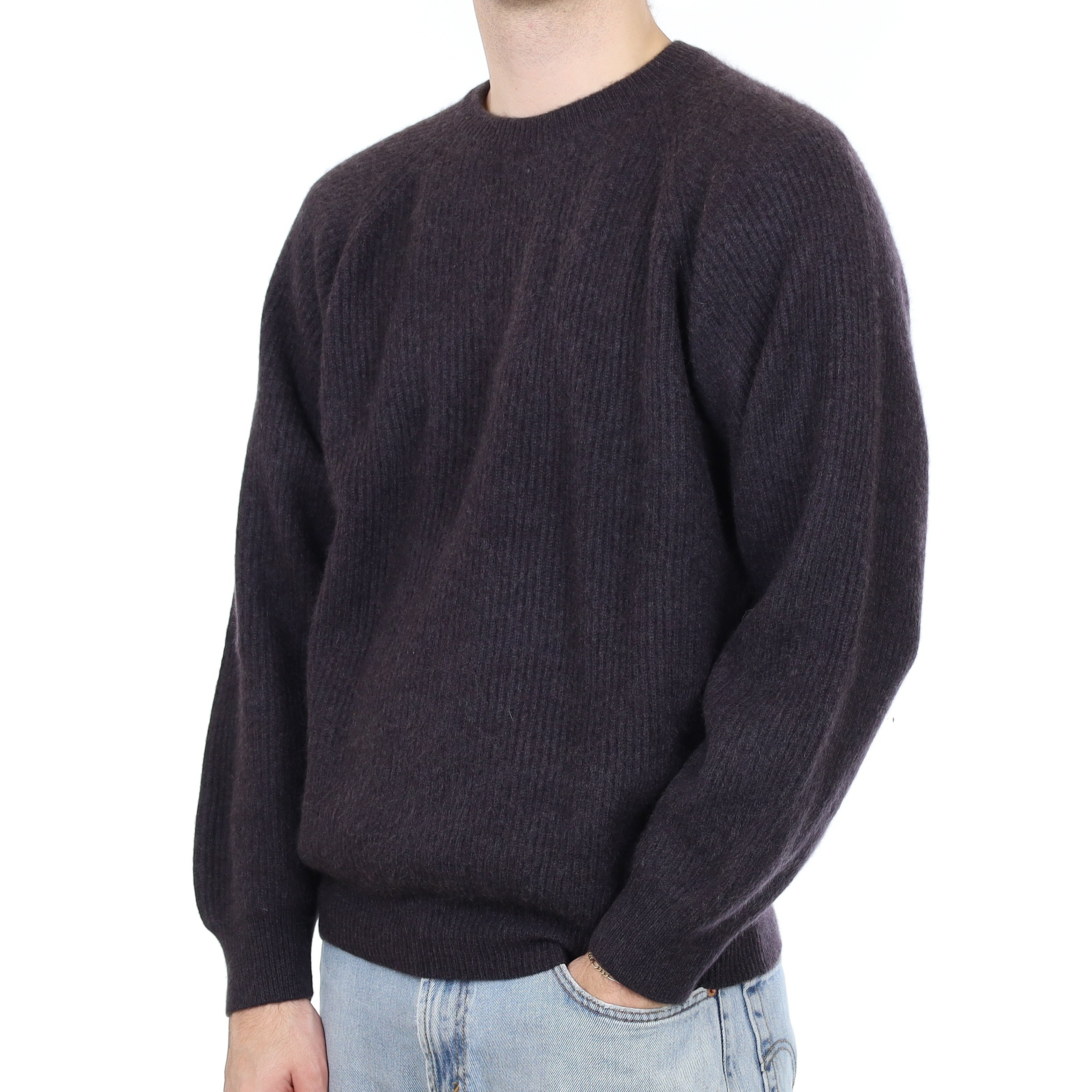 Men's Italian Piacenza Graphite Grey Chunky Rib Cashmere Crew Neck Jumper Large