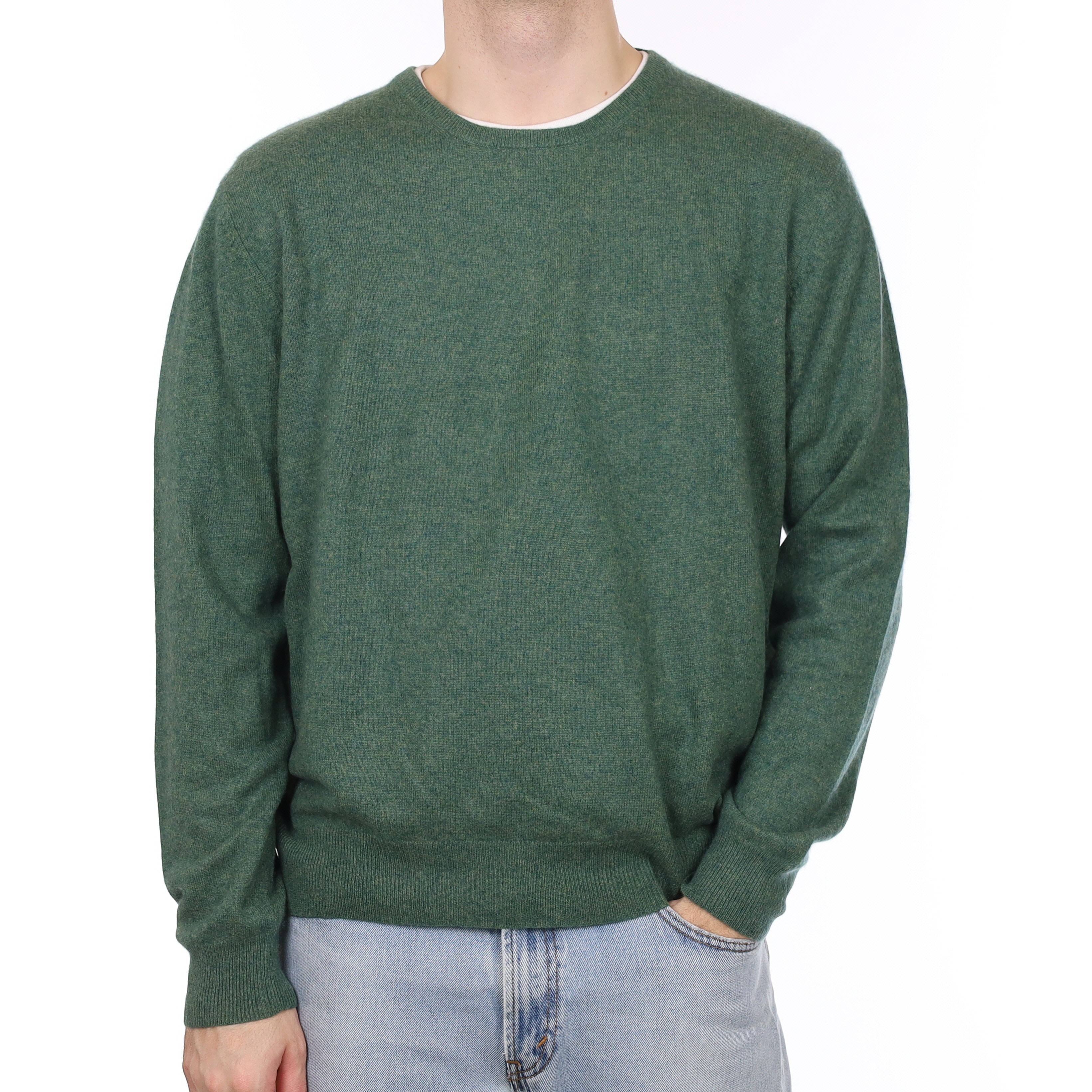 Men's Spruce Green Marl Cashmere Crew Neck Jumper Large
