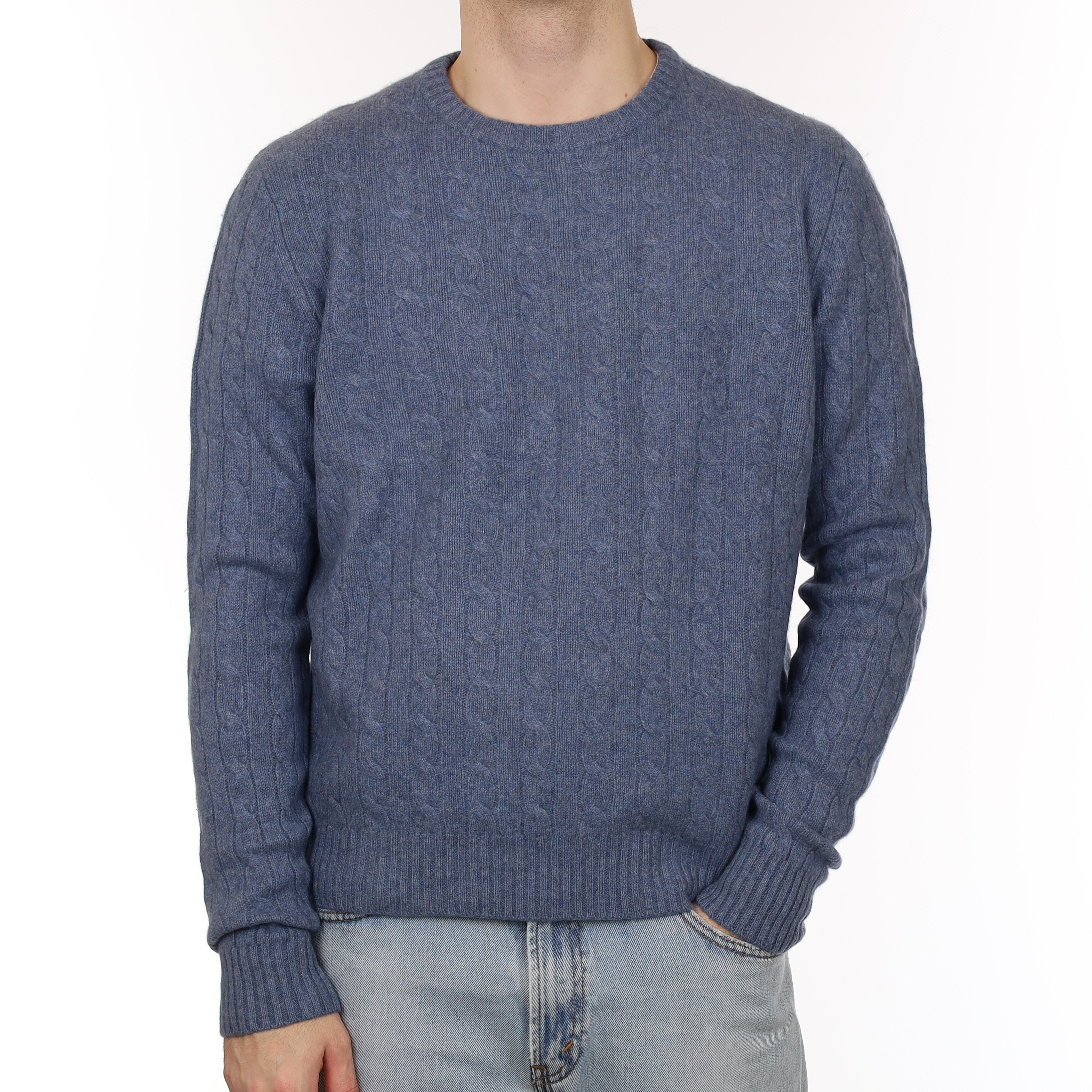 Men's Denim Blue Chunky Cable Cashmere Crew Neck Jumper Large