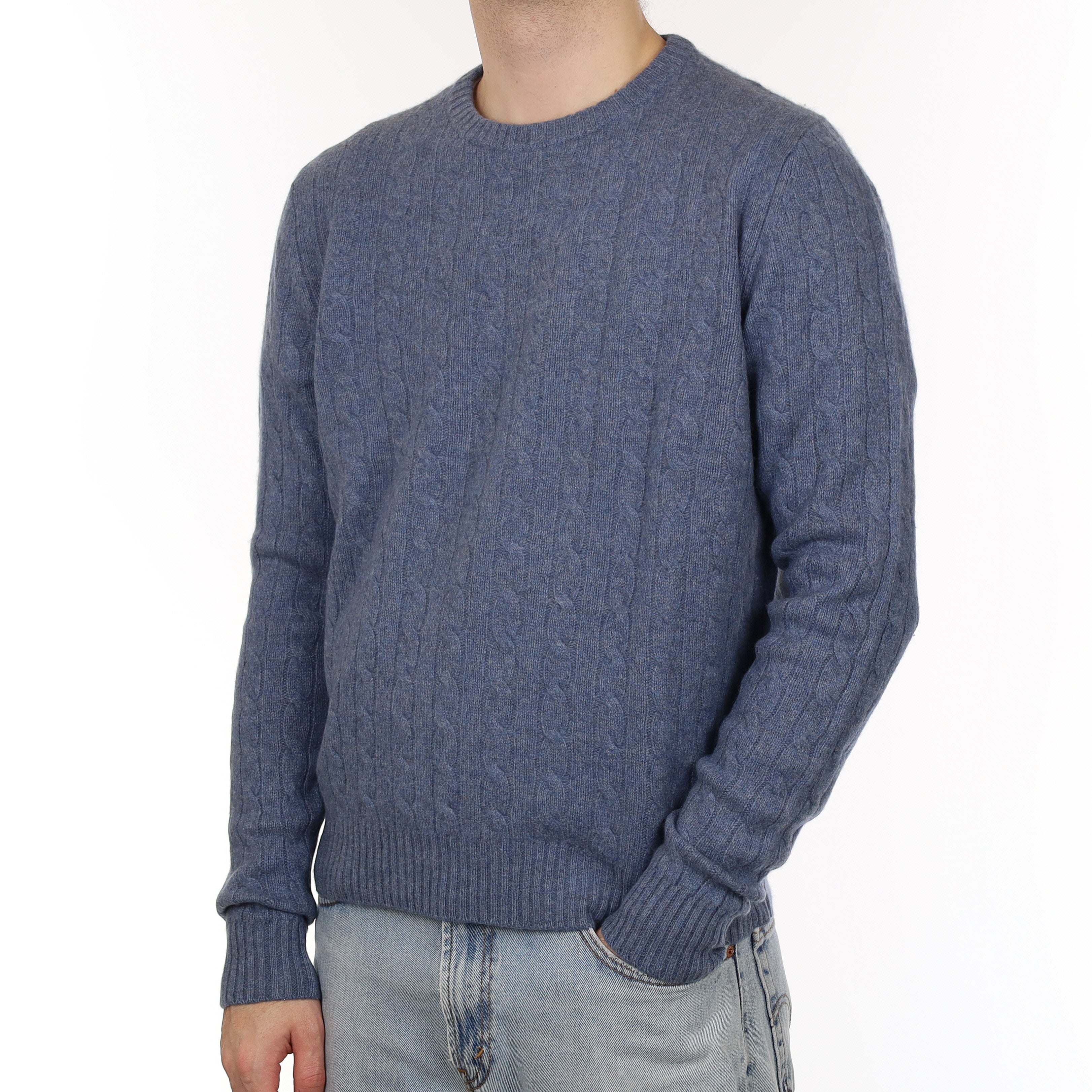 Men's Denim Blue Chunky Cable Cashmere Crew Neck Jumper Large