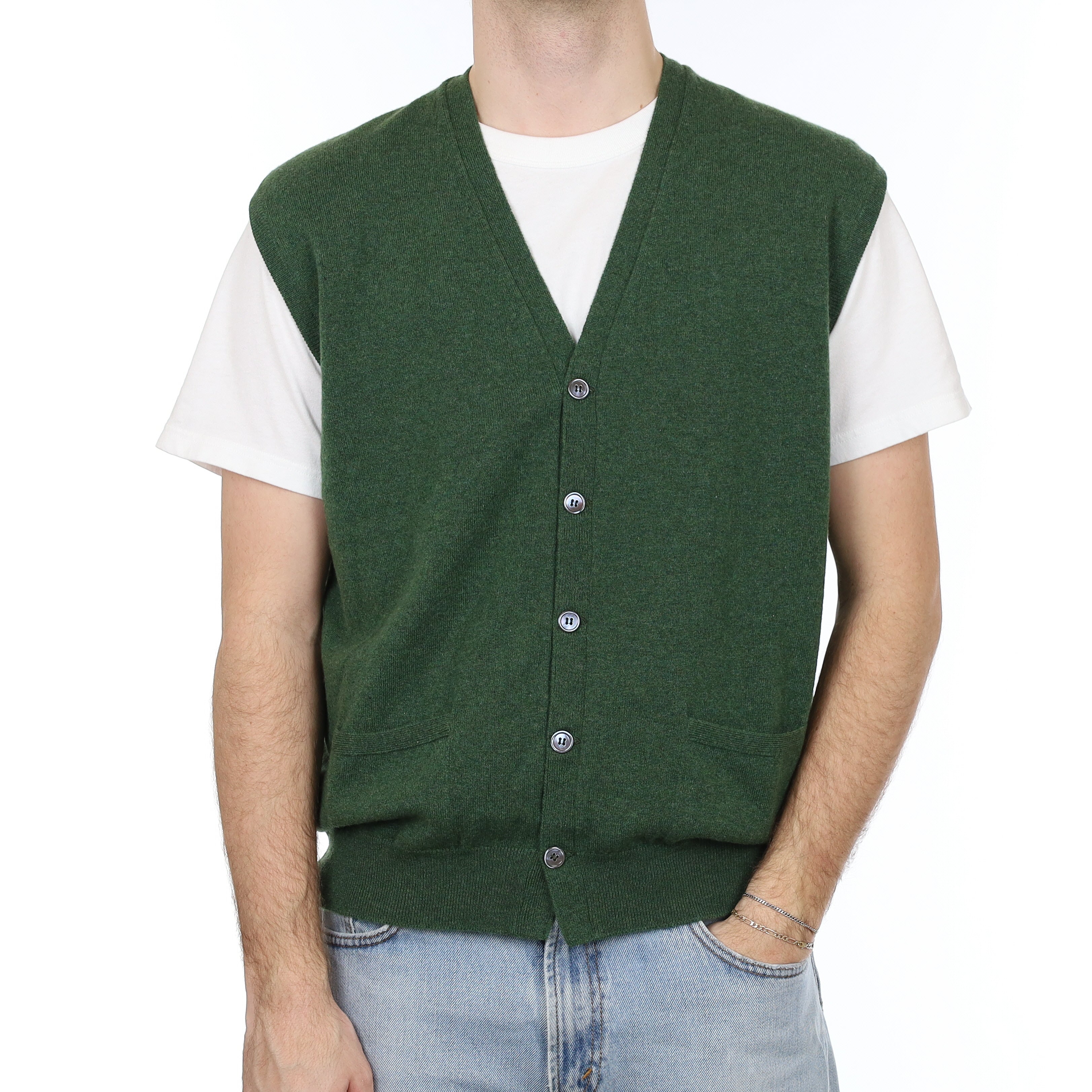 Men's Brand New Begg & Co Fern Green Marl Cashmere V Neck Waistcoat Large
