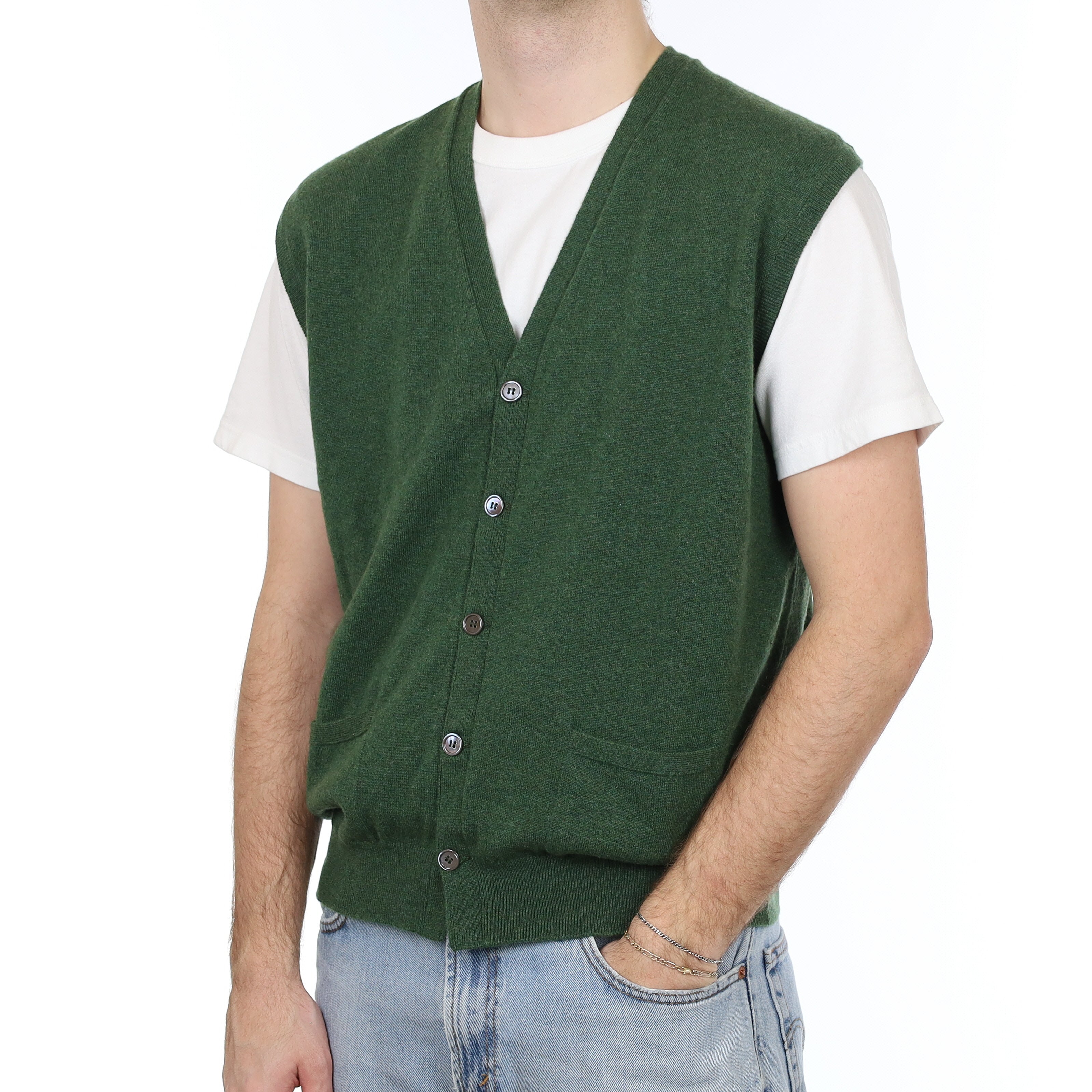 Men's Brand New Begg & Co Fern Green Marl Cashmere V Neck Waistcoat Large
