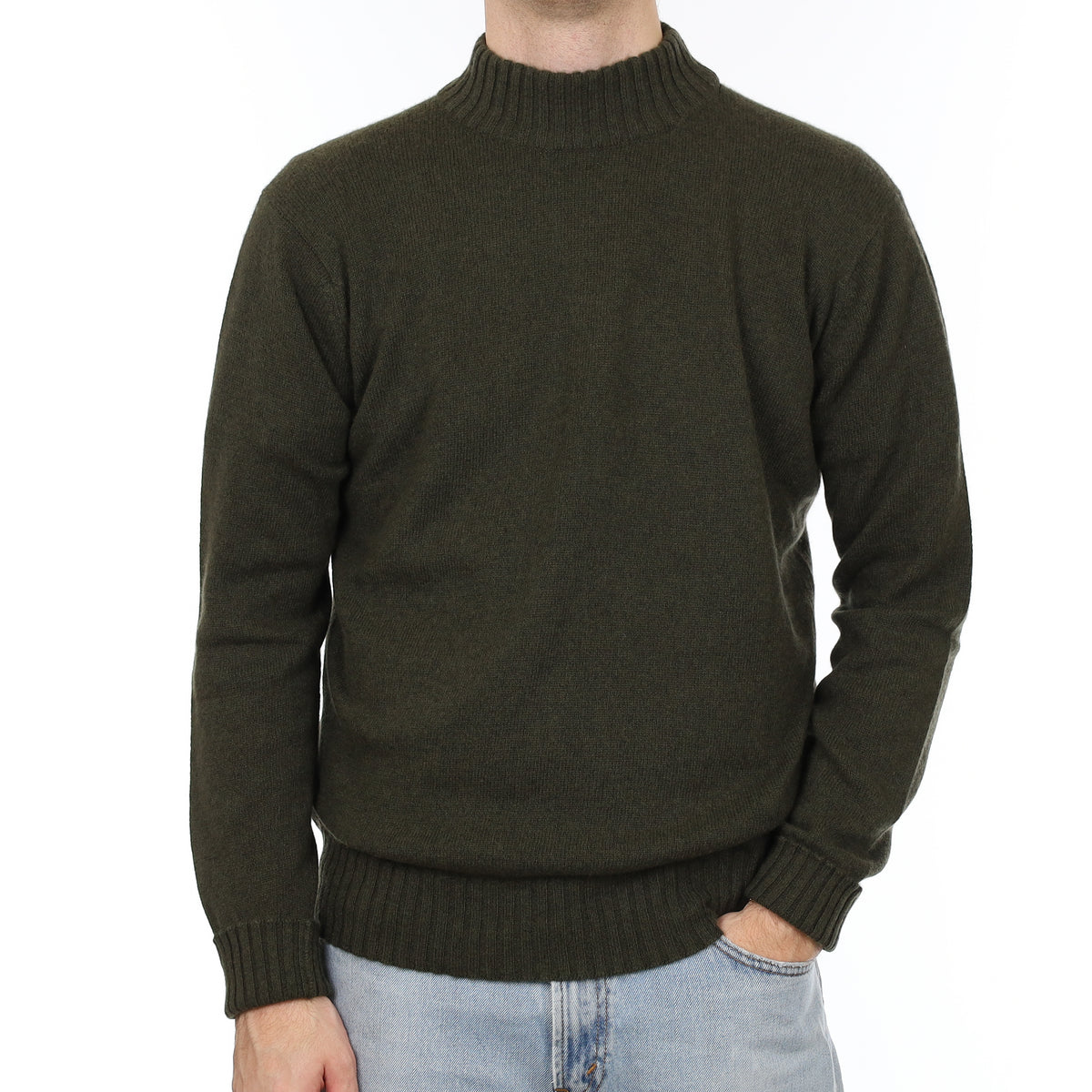 Men's Brand New Scottish Deep Khaki Green Cashmere Turtle Neck Jumper Large
