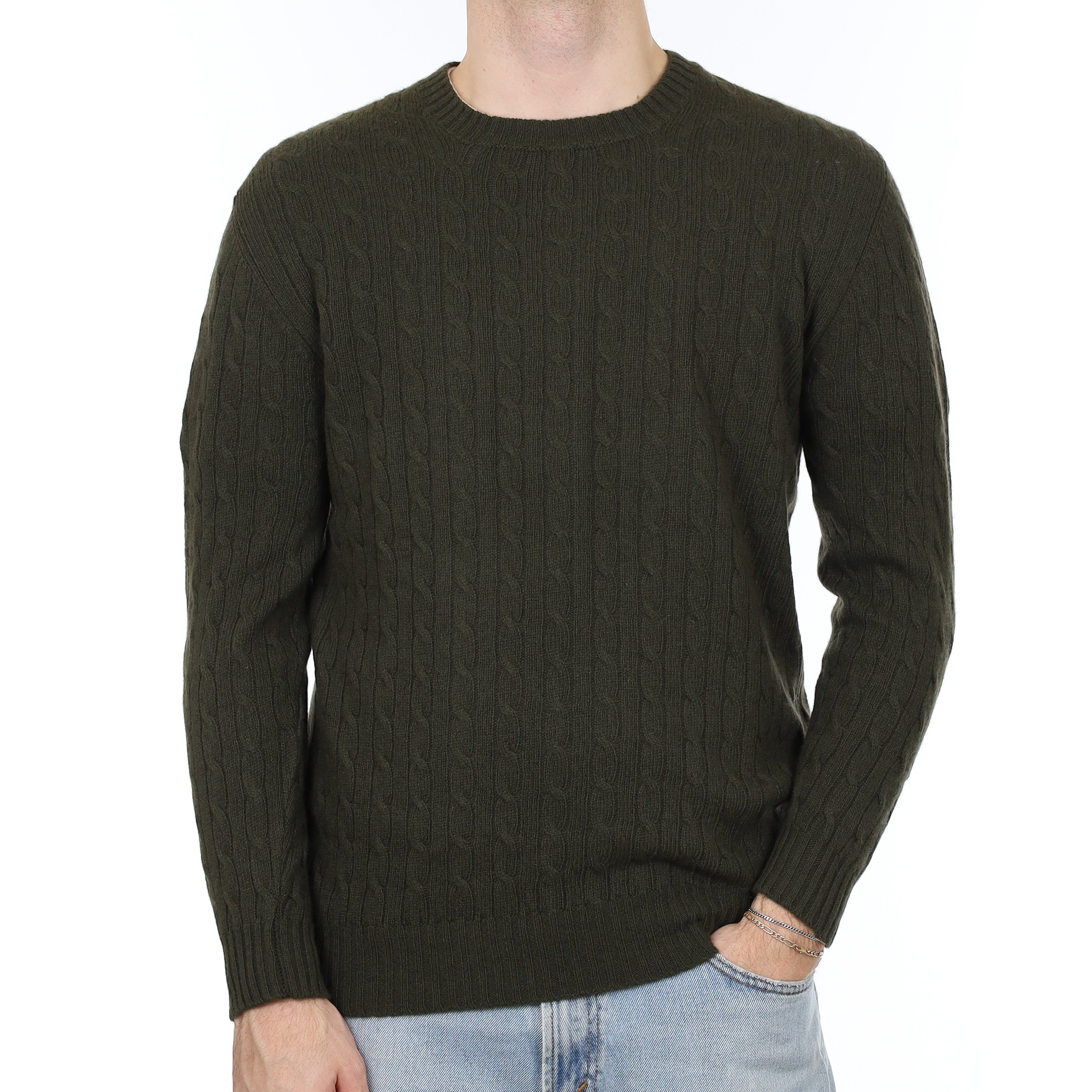 Men's Brand New Scottish Deep Khaki Green Cable Cashmere Crew Neck Jumper Large