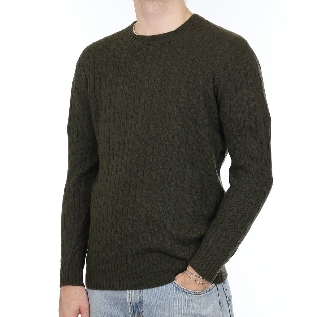 Men's Brand New Scottish Deep Khaki Green Cable Cashmere Crew Neck Jumper Large