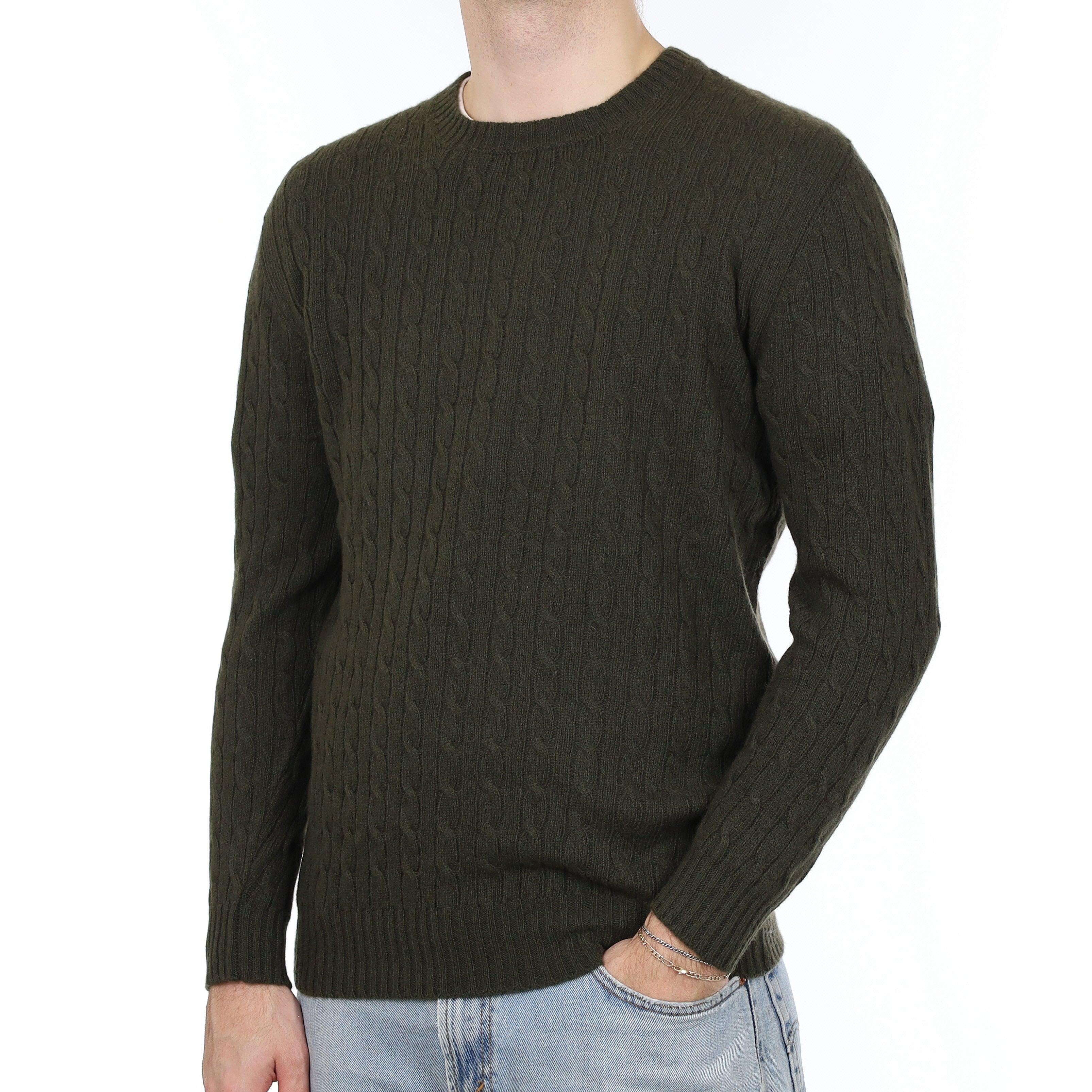 Men's Brand New Scottish Deep Khaki Green Cable Cashmere Crew Neck Jumper Large