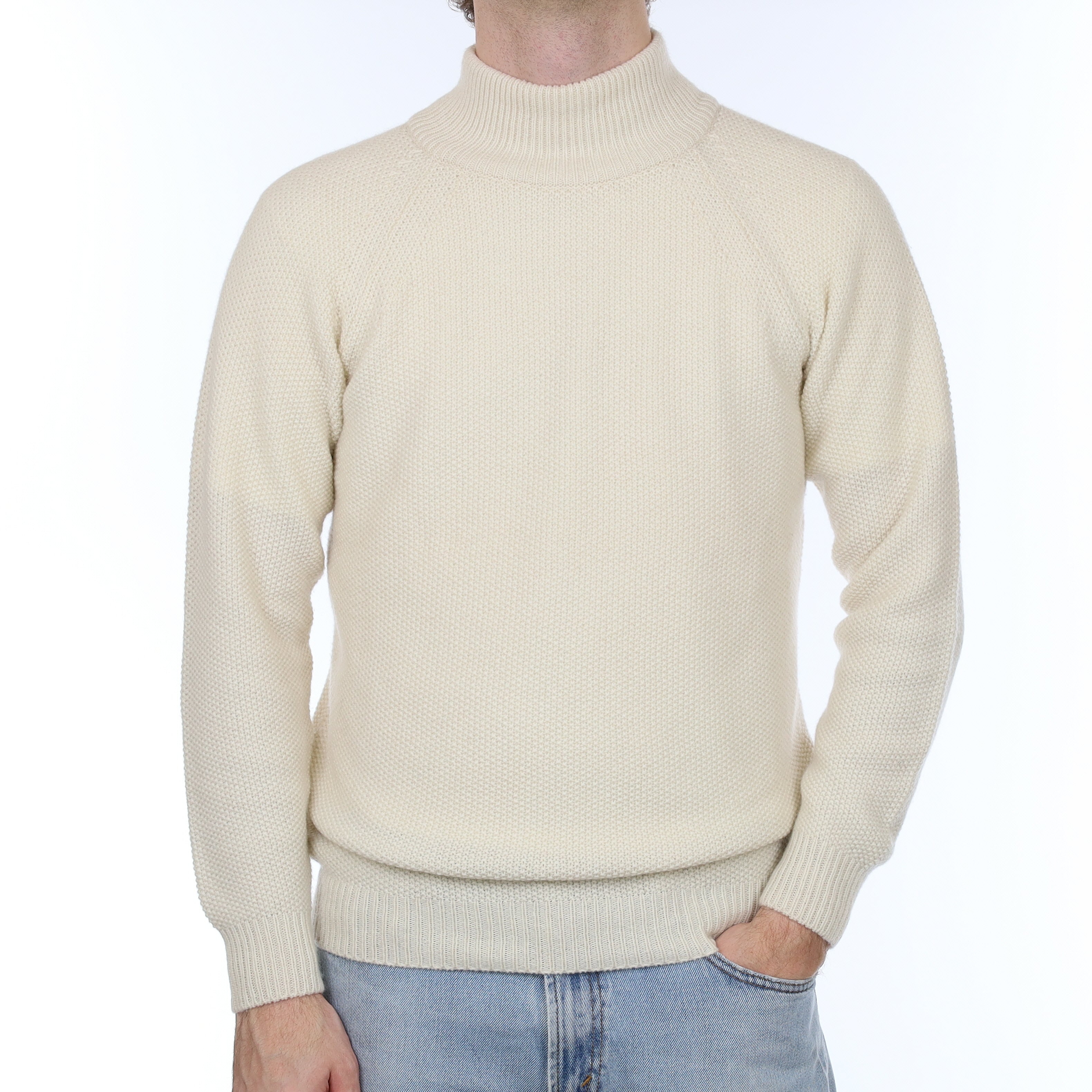 Men's Brand New Scottish Ivory Moss Knit Cashmere Turtle Neck Jumper Medium