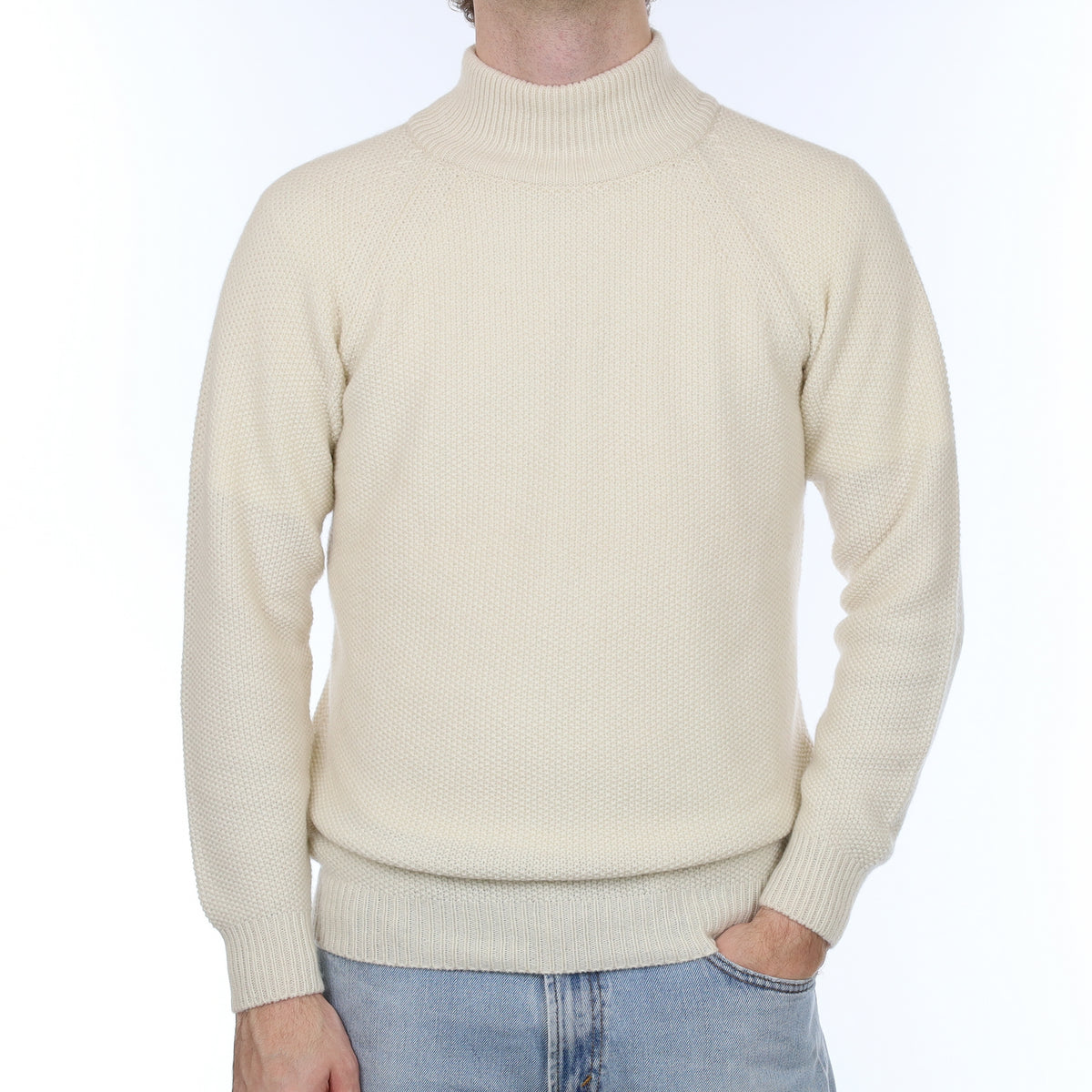 Men's Brand New Scottish Ivory Moss Knit Cashmere Turtle Neck Jumper Medium