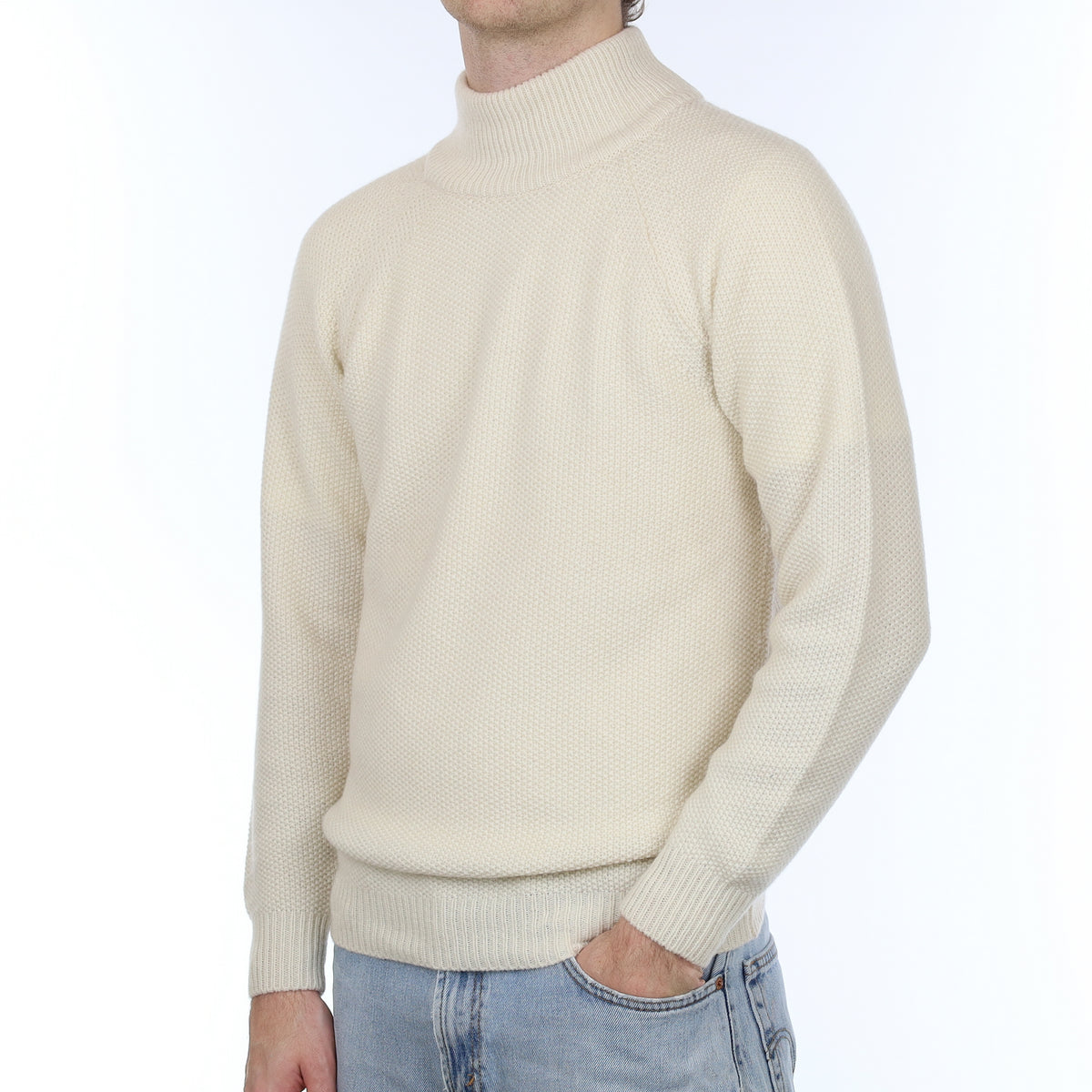 Men's Brand New Scottish Ivory Moss Knit Cashmere Turtle Neck Jumper Medium