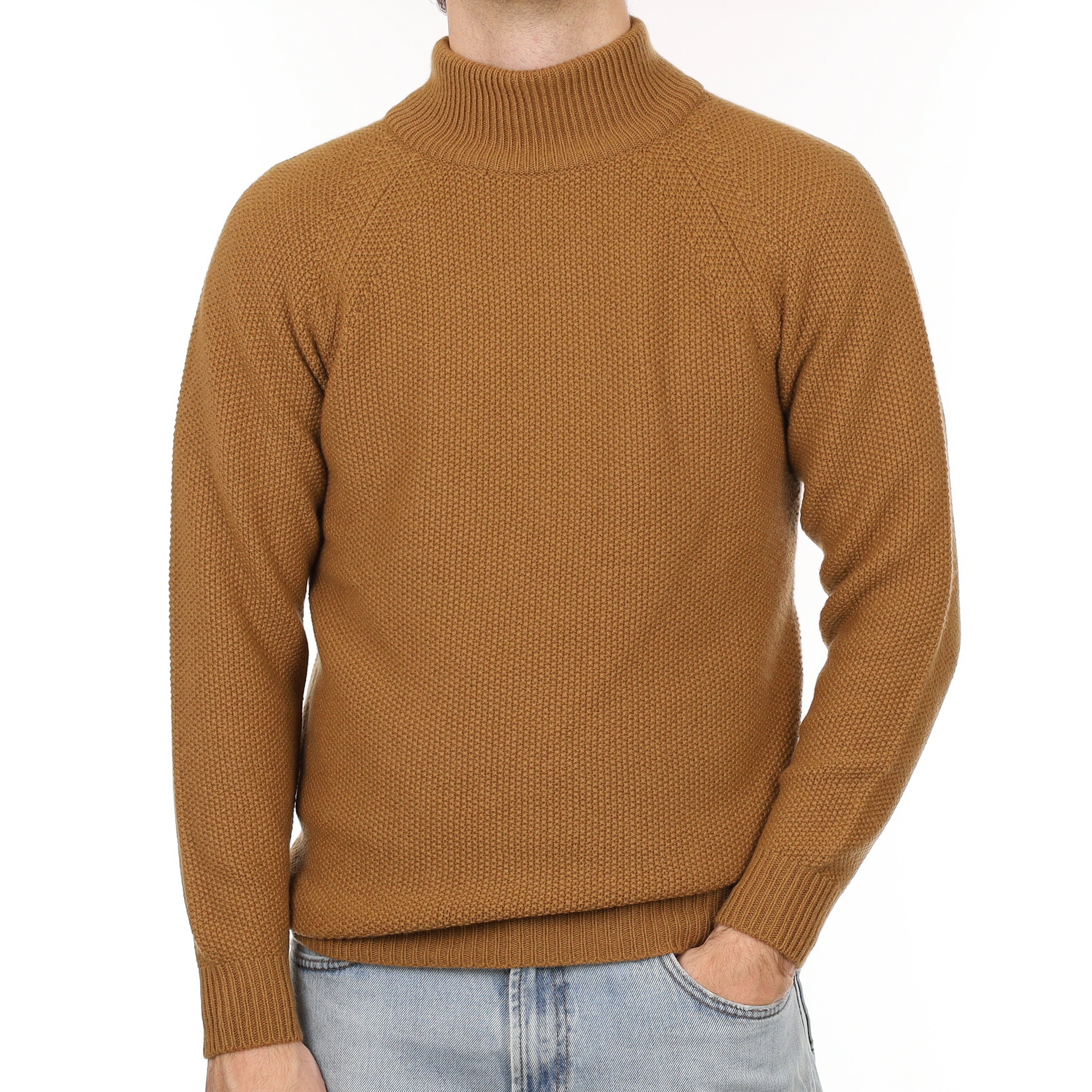 Men's Brand New Scottish Toffee Brown Moss Knit Cashmere Turtle Neck Jumper Medium