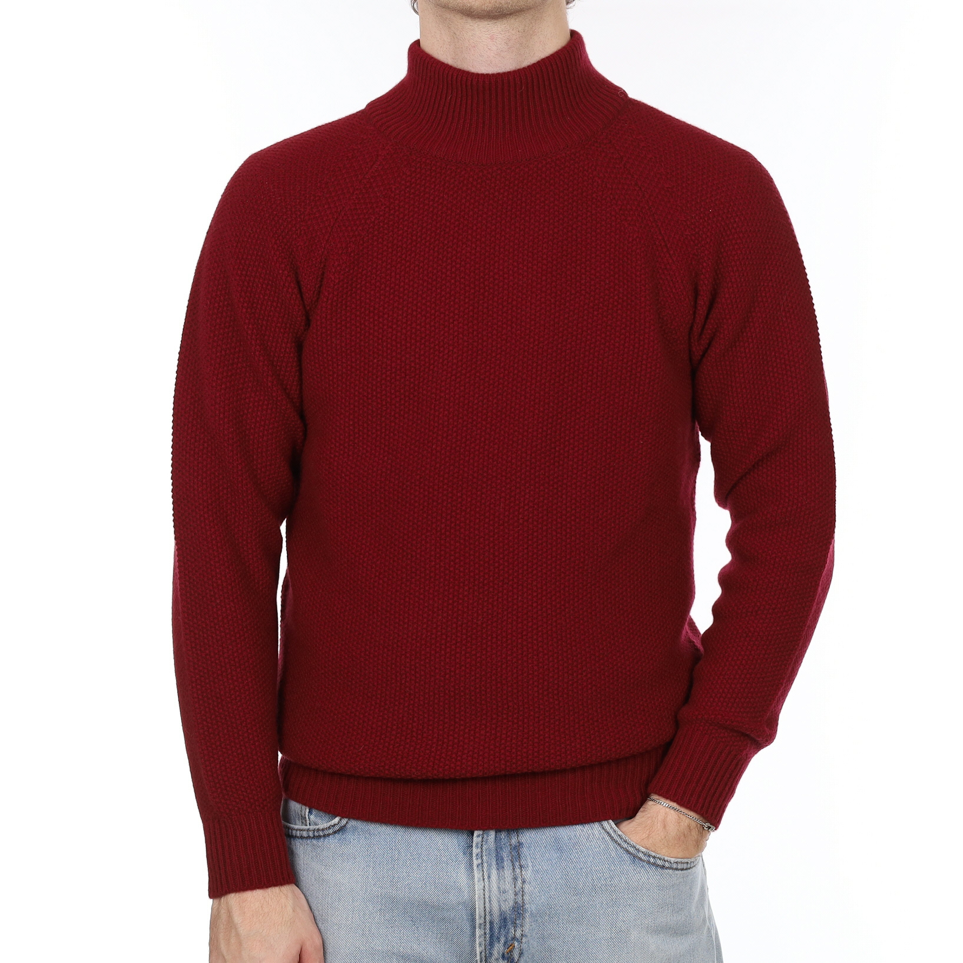 Men's Brand New Scottish Burgundy Red Moss Knit Cashmere Turtle Neck Jumper Medium
