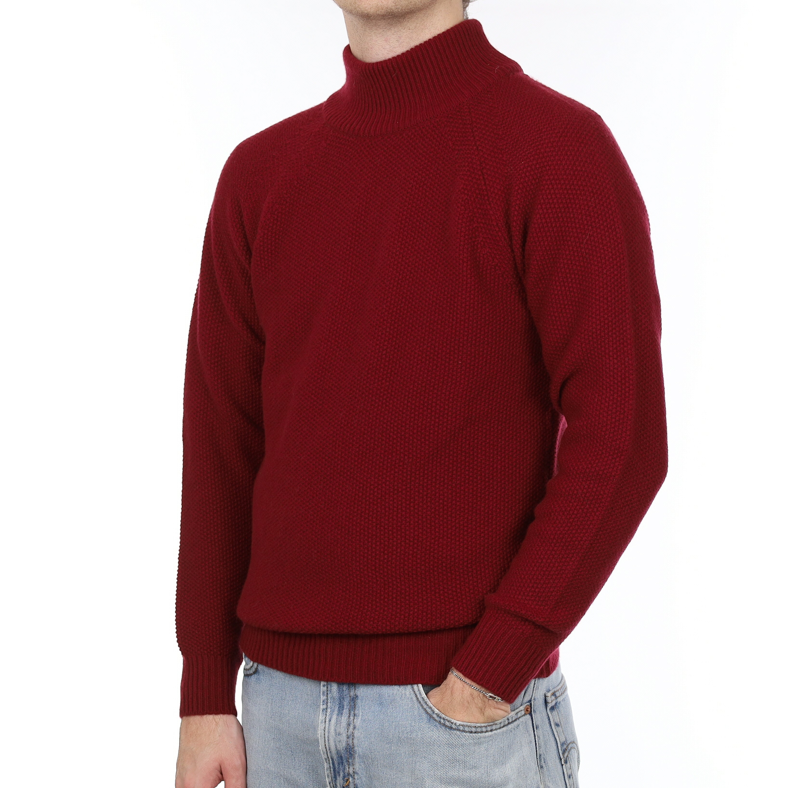 Men's Brand New Scottish Burgundy Red Moss Knit Cashmere Turtle Neck Jumper Medium