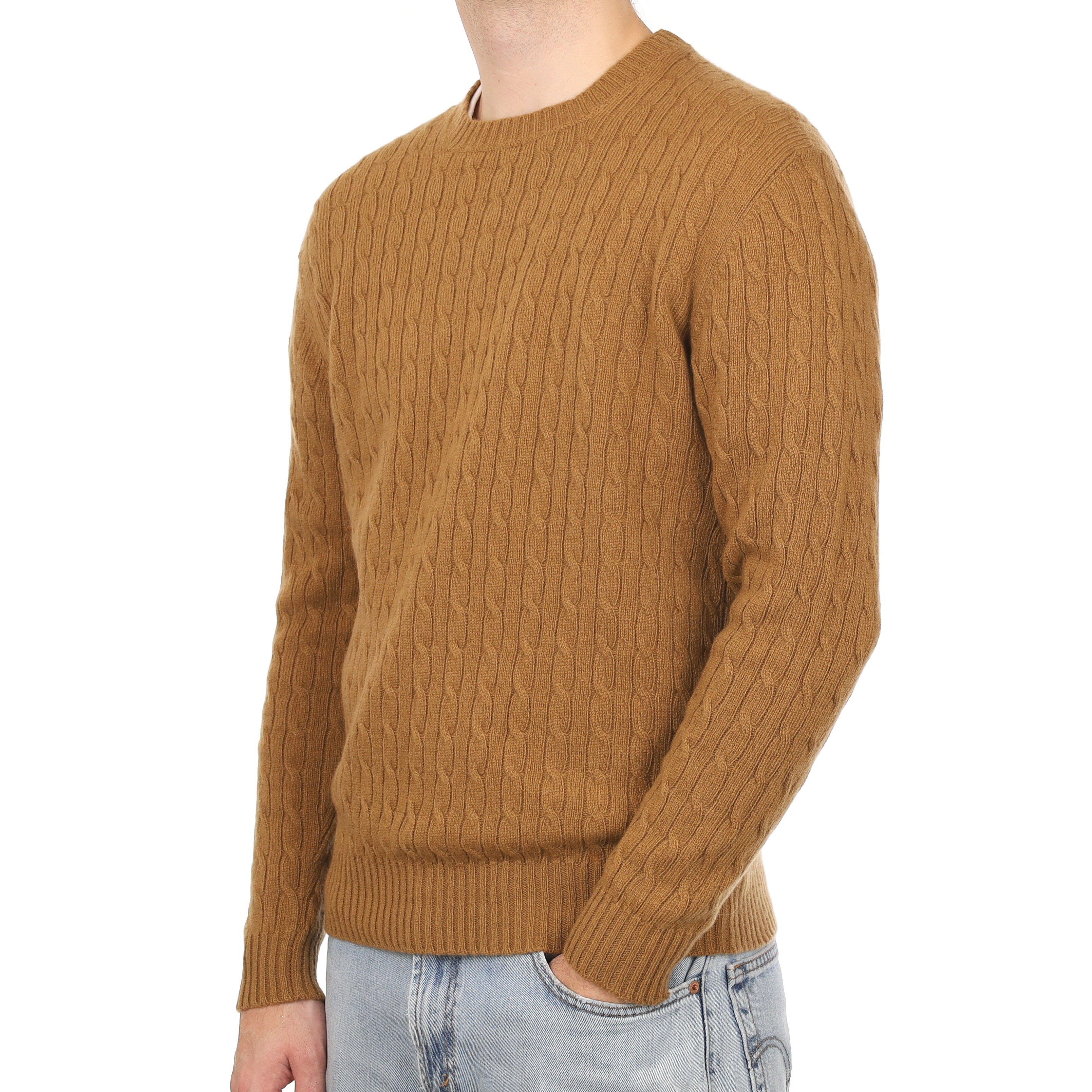 Men's Brand New Scottish Toffee Brown Cable Cashmere Crew Neck Jumper Medium