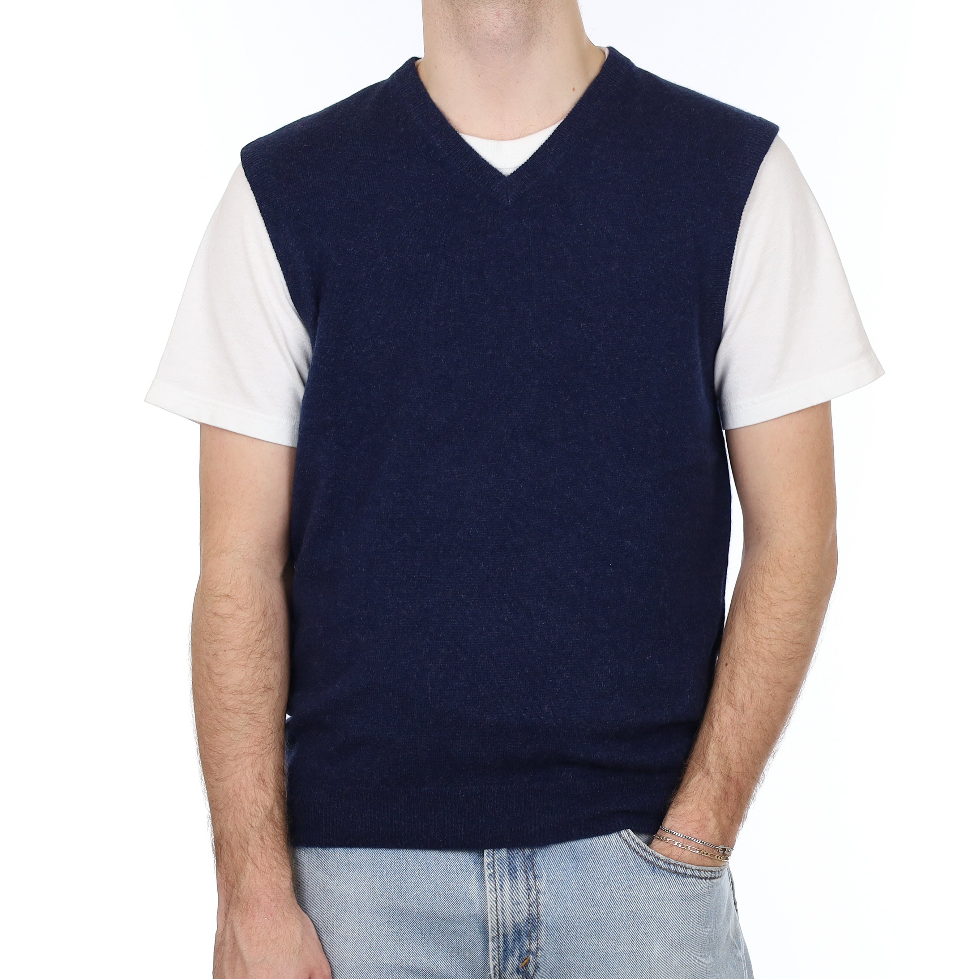 Men's Midnight Blue Marl Cashmere V Neck Tank Top Medium