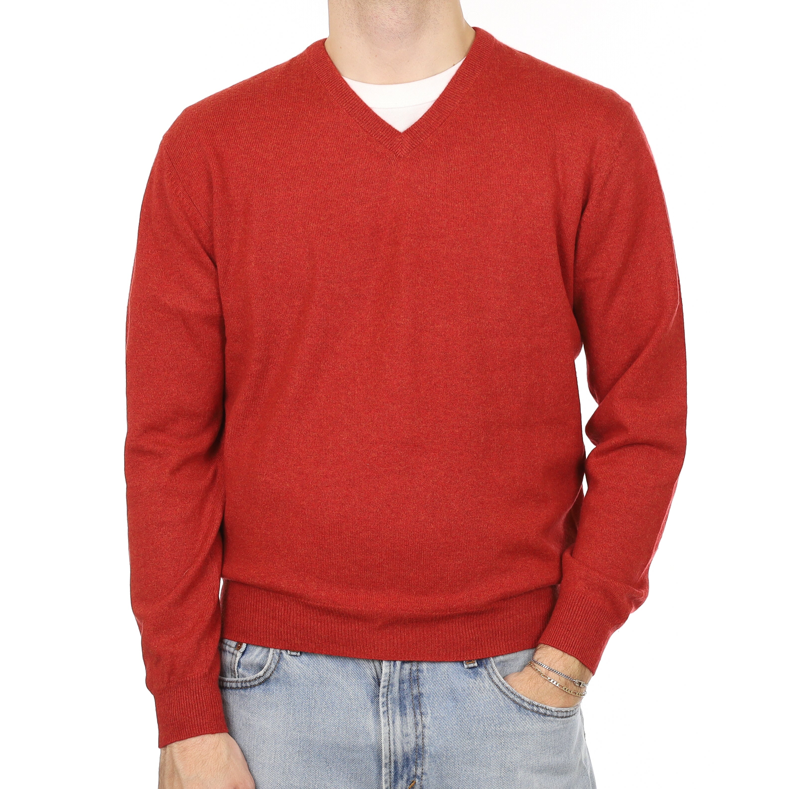 Men's Paprika Orange Marl Cashmere V Neck Jumper Medium