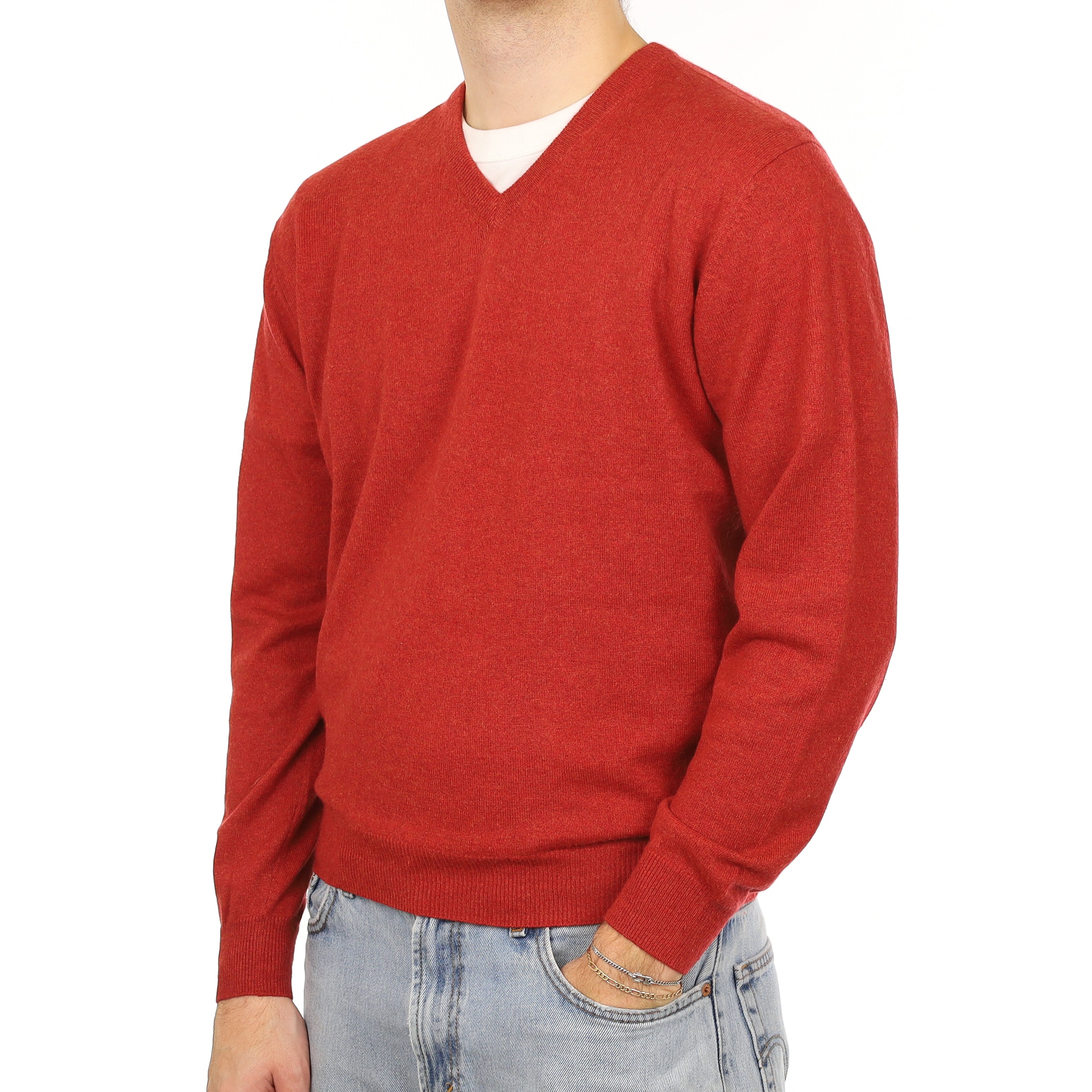 Men's Paprika Orange Marl Cashmere V Neck Jumper Medium