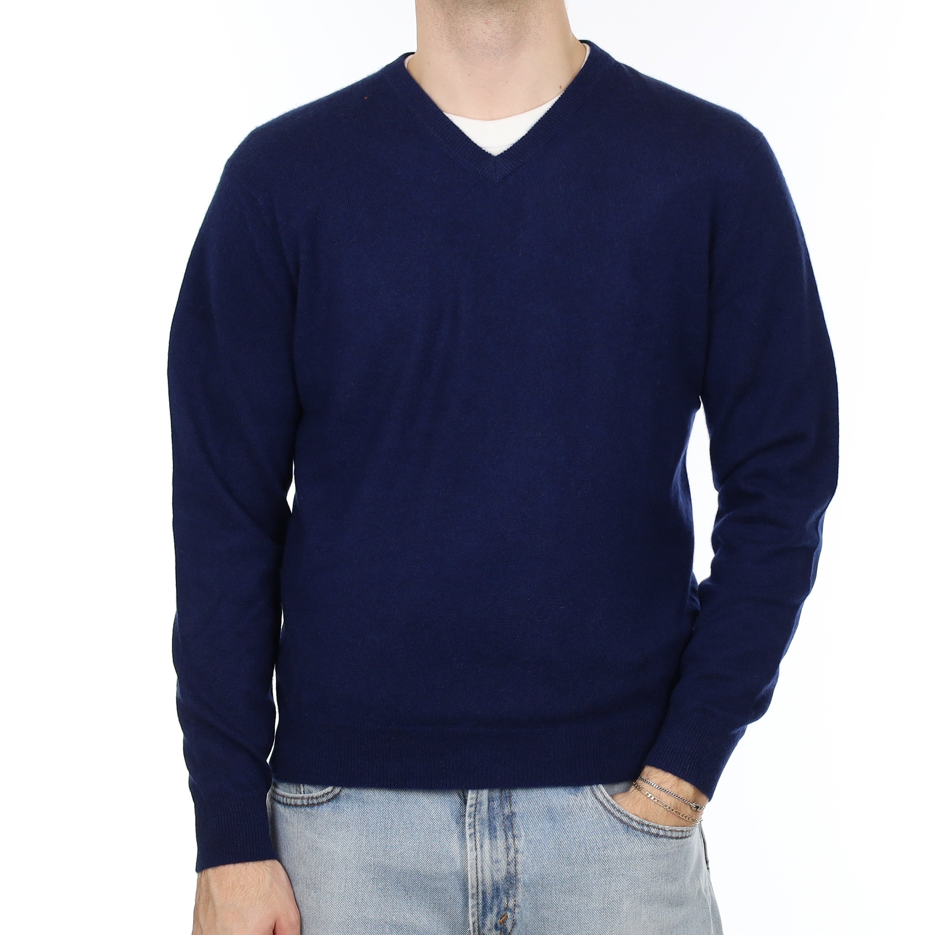 Men's French Navy Cashmere V Neck Jumper Medium