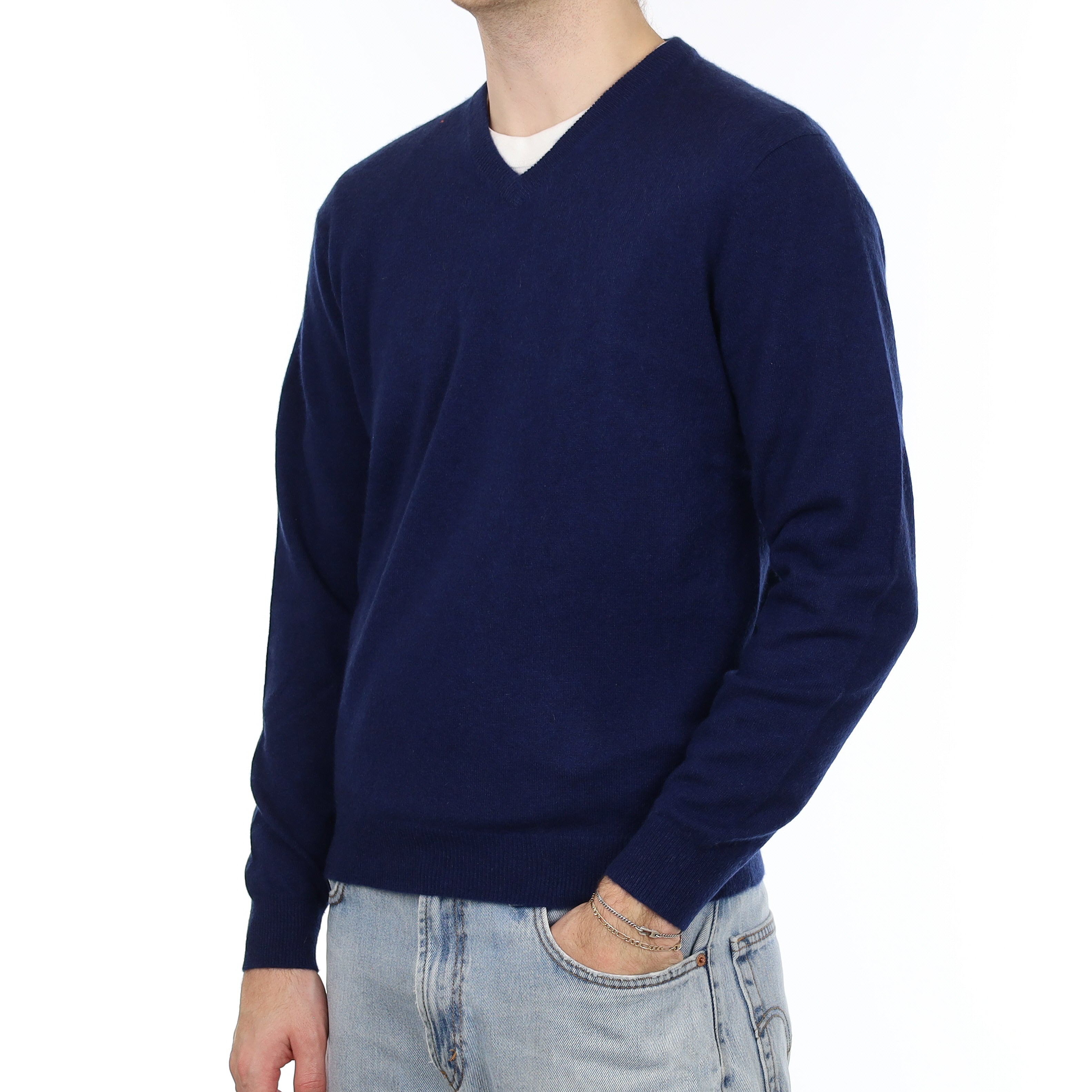 Men's French Navy Cashmere V Neck Jumper Medium