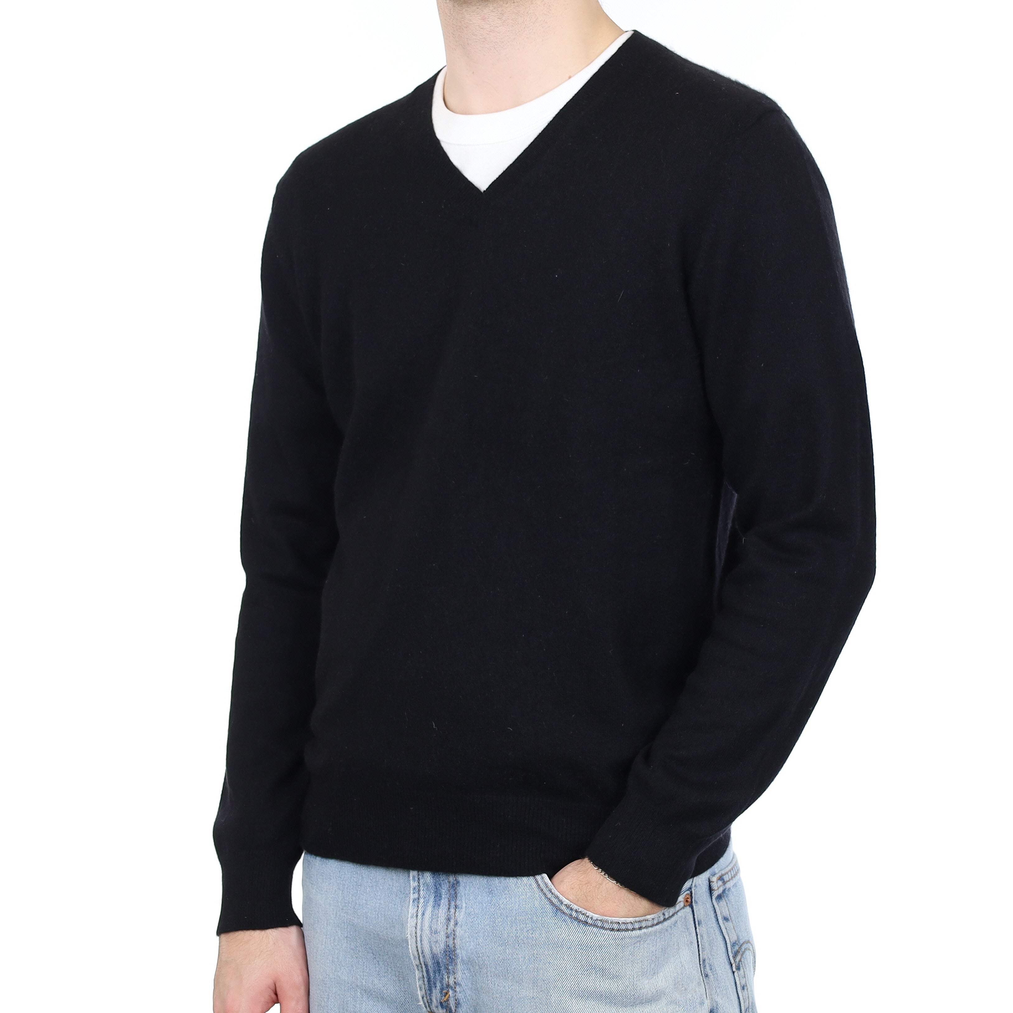 Men's Black Cashmere V Neck Jumper Medium