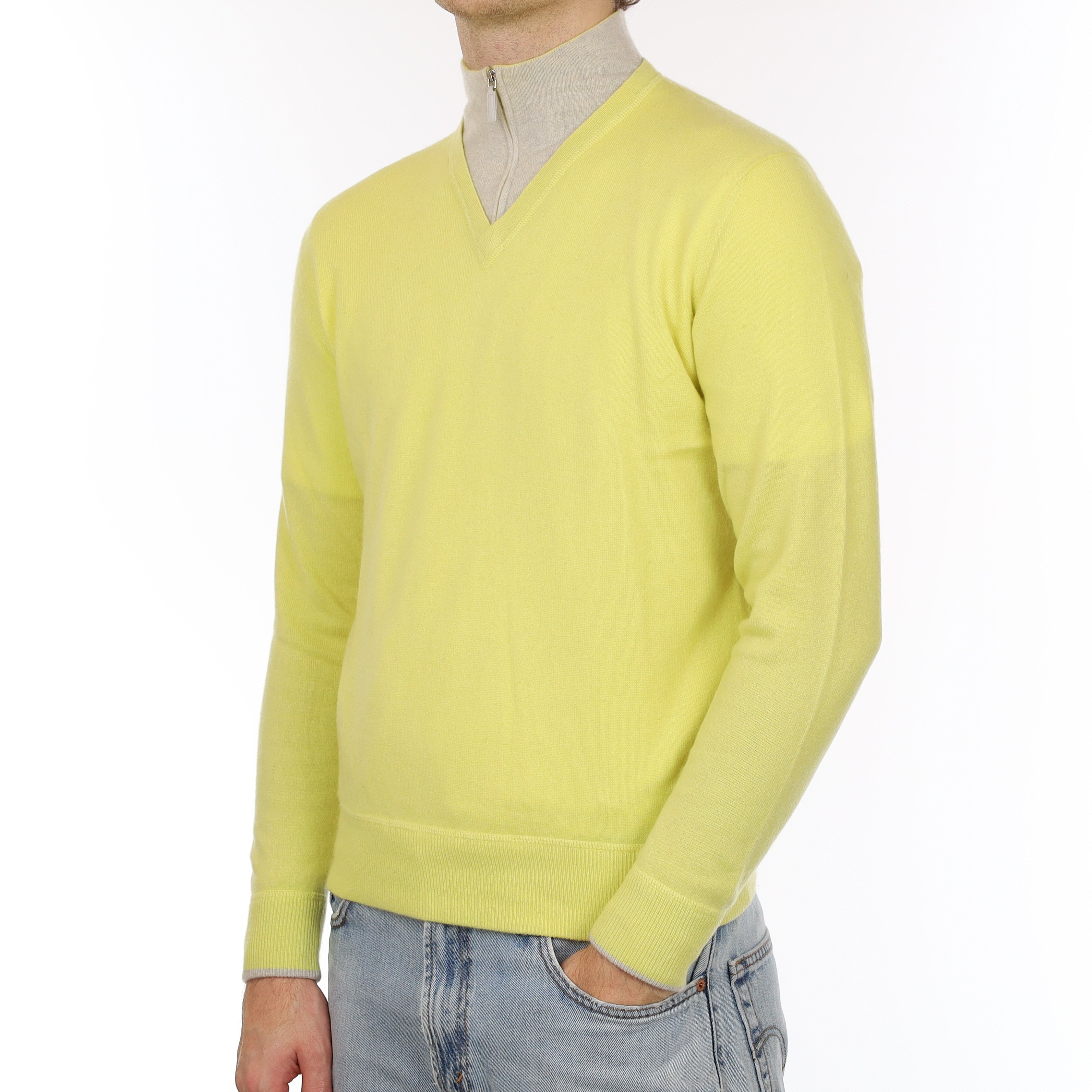 Men's Italian Primrose Yellow and Frost Grey Cashmere 1/4 Zip Jumper Medium