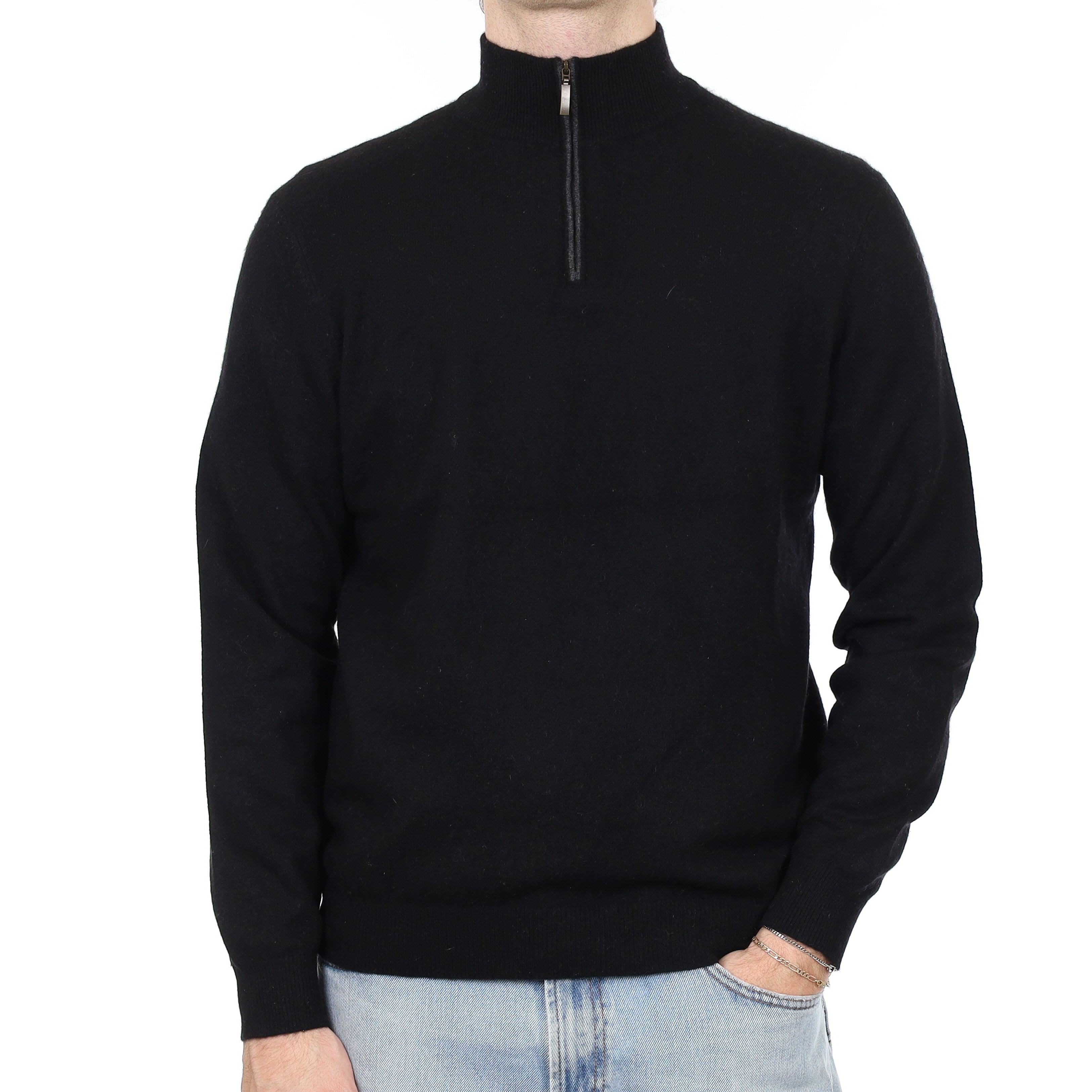 Men's Black Cashmere 1/4 Zip Jumper Medium