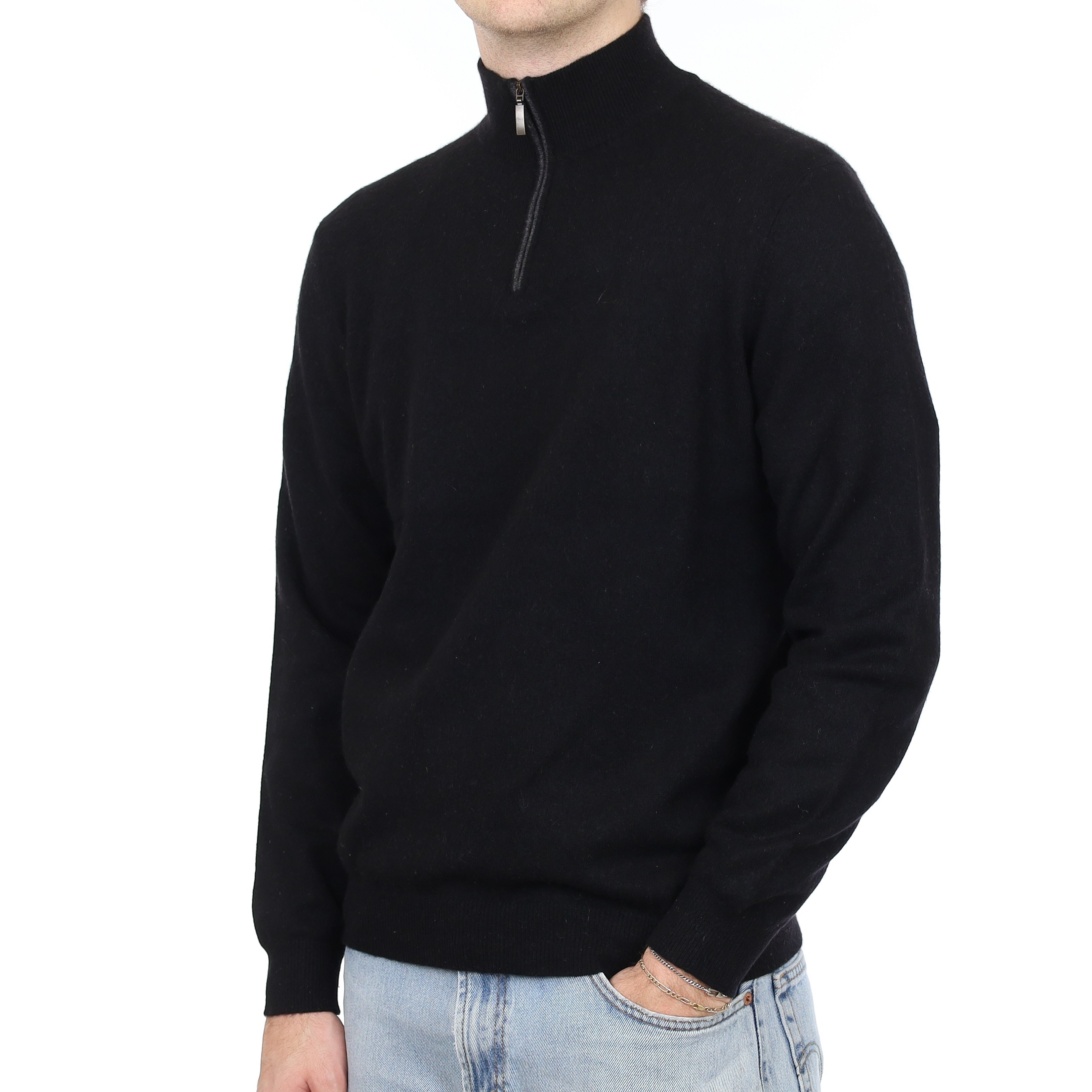 Men's Black Cashmere 1/4 Zip Jumper Medium