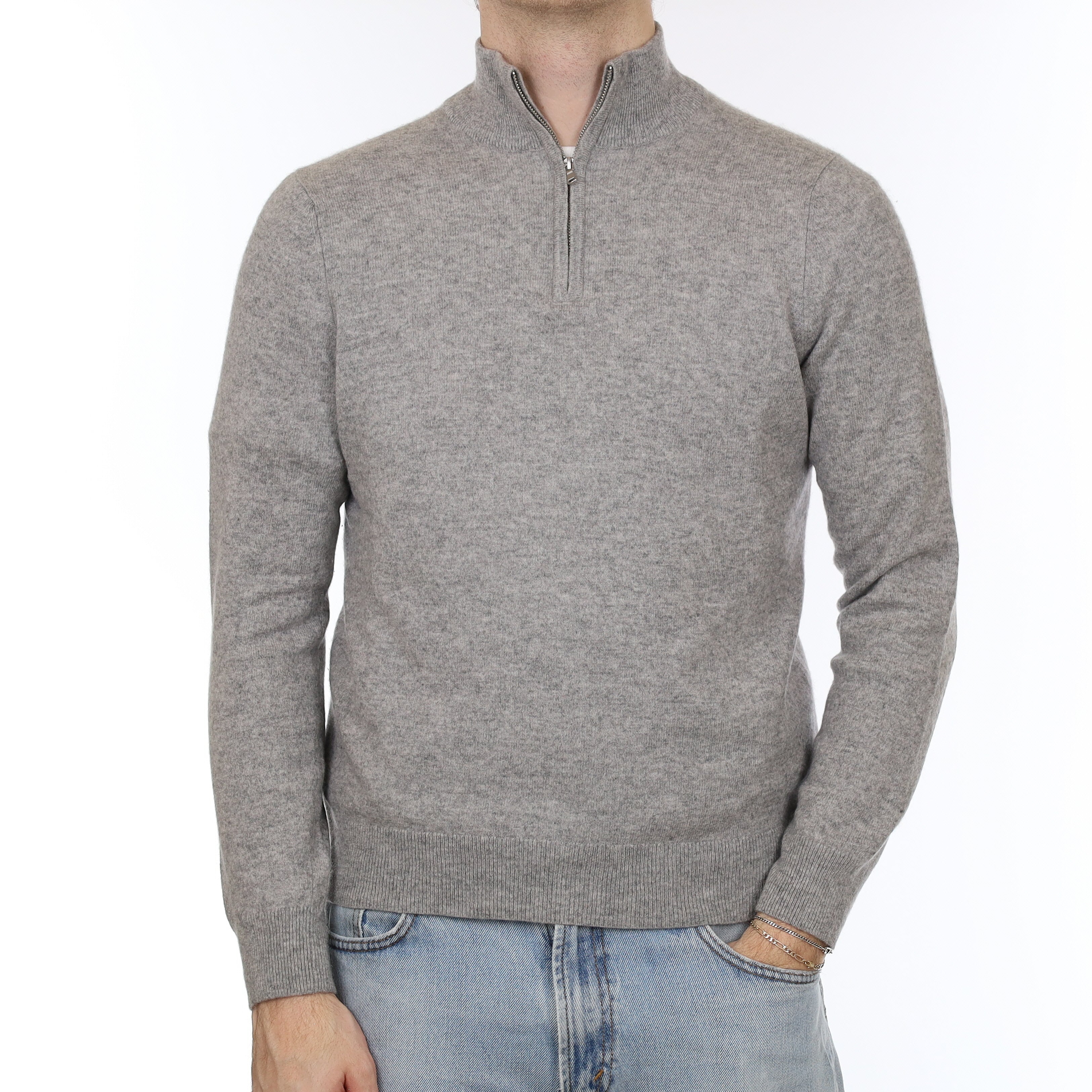 Men's Mist Grey Cashmere 1/4 Zip Jumper Medium