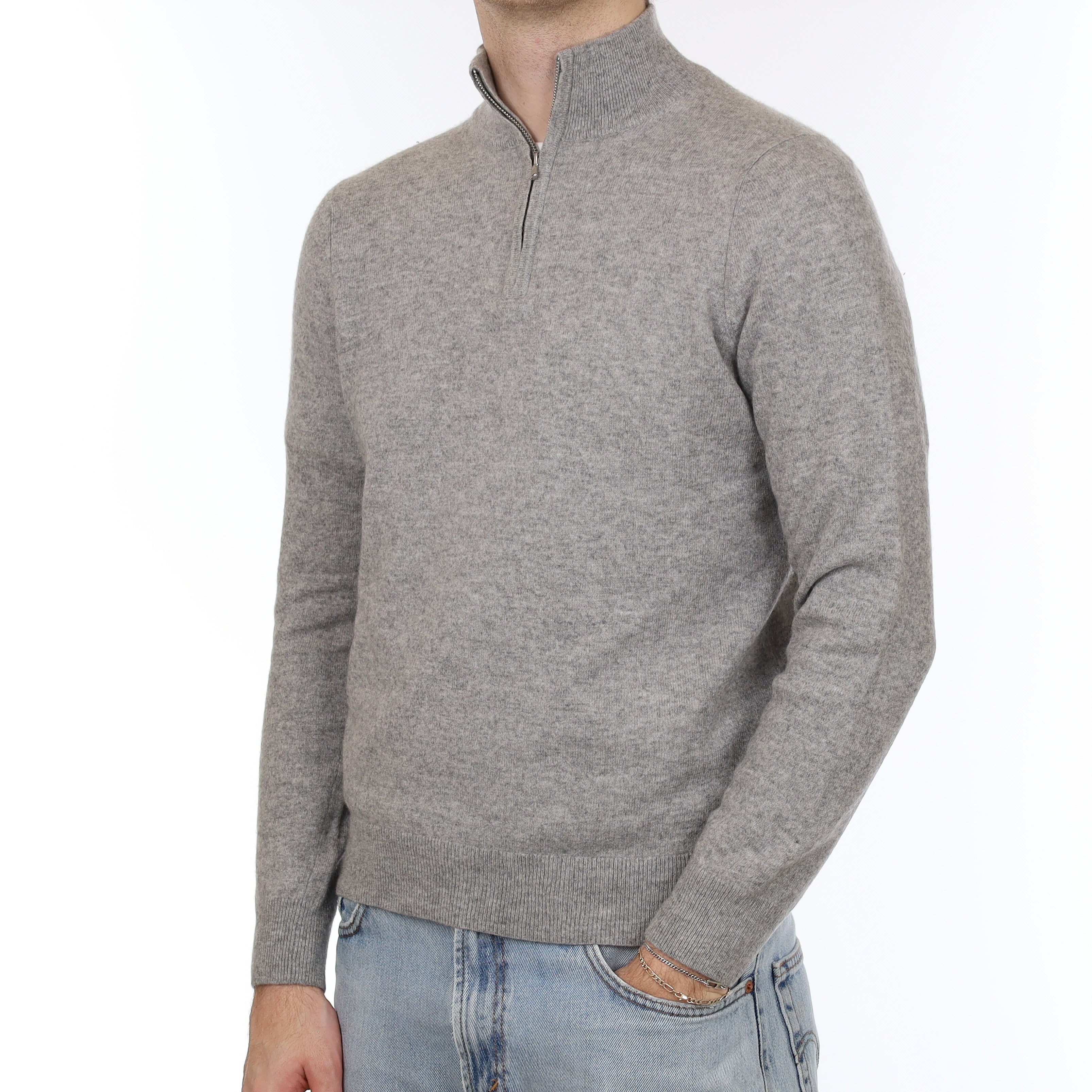 Men's Mist Grey Cashmere 1/4 Zip Jumper Medium