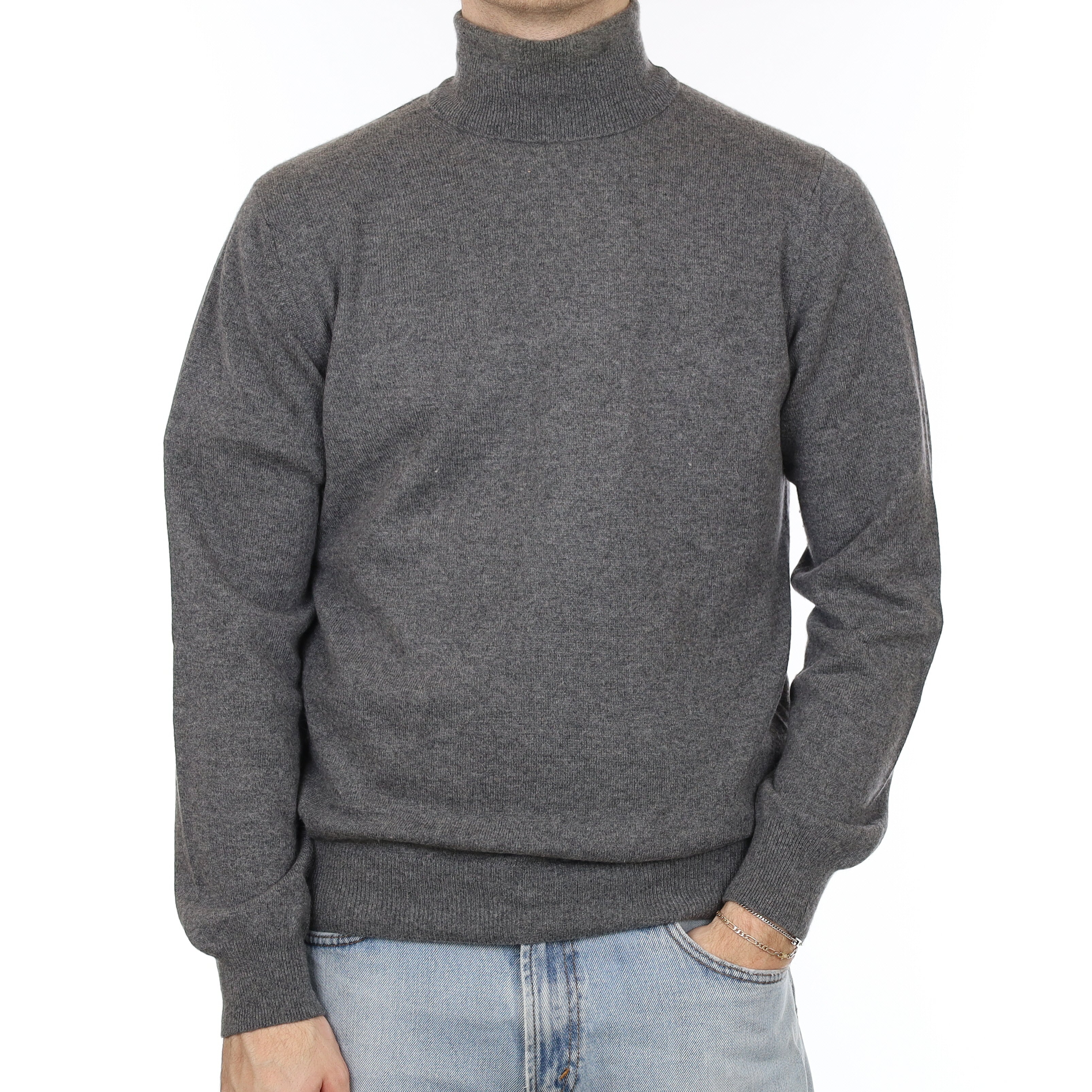 Men's Italian Slate Grey Cashmere Polo Neck Jumper Medium