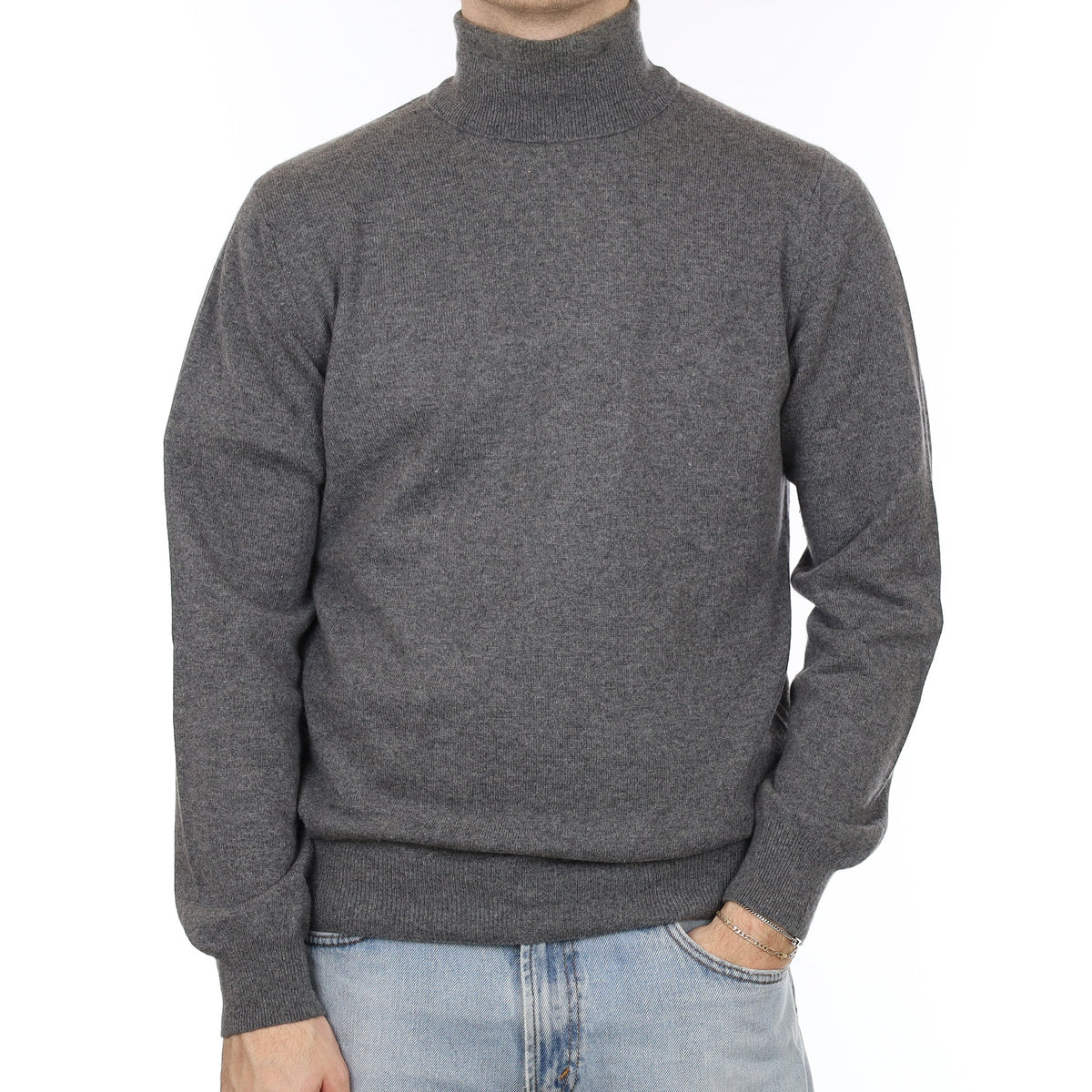 Men's Italian Slate Grey Cashmere Polo Neck Jumper Medium