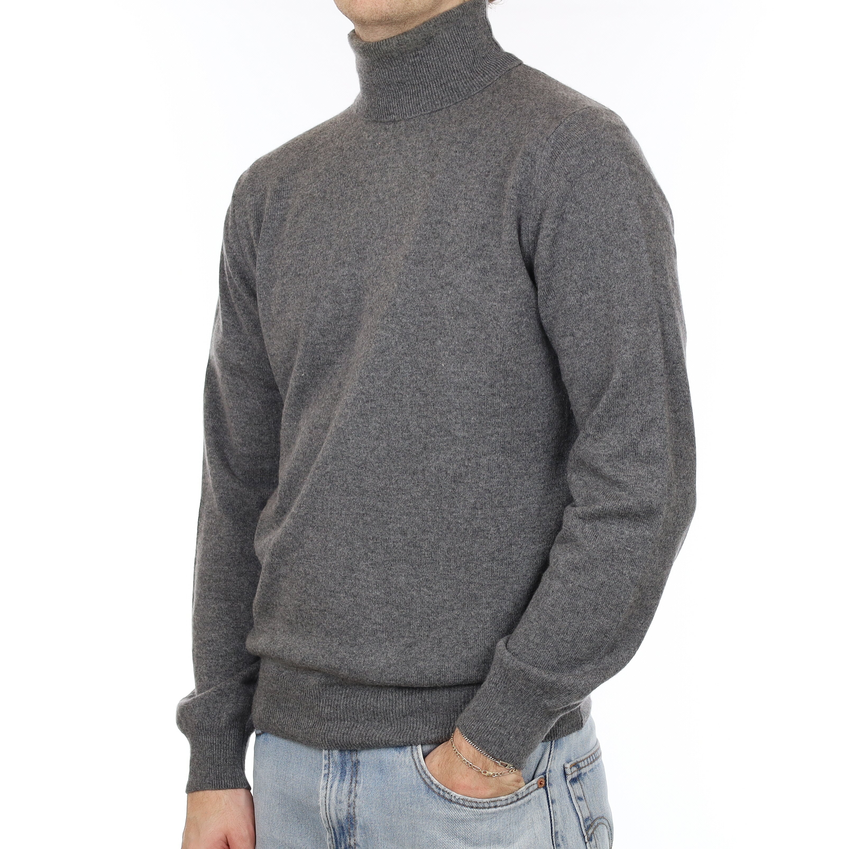 Men's Italian Slate Grey Cashmere Polo Neck Jumper Medium
