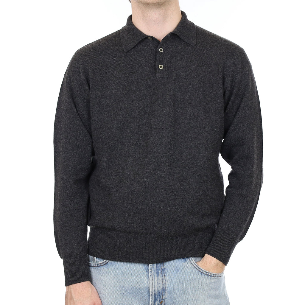 Men's Charcoal Grey Cashmere Collared 1/4 Button Jumper Medium