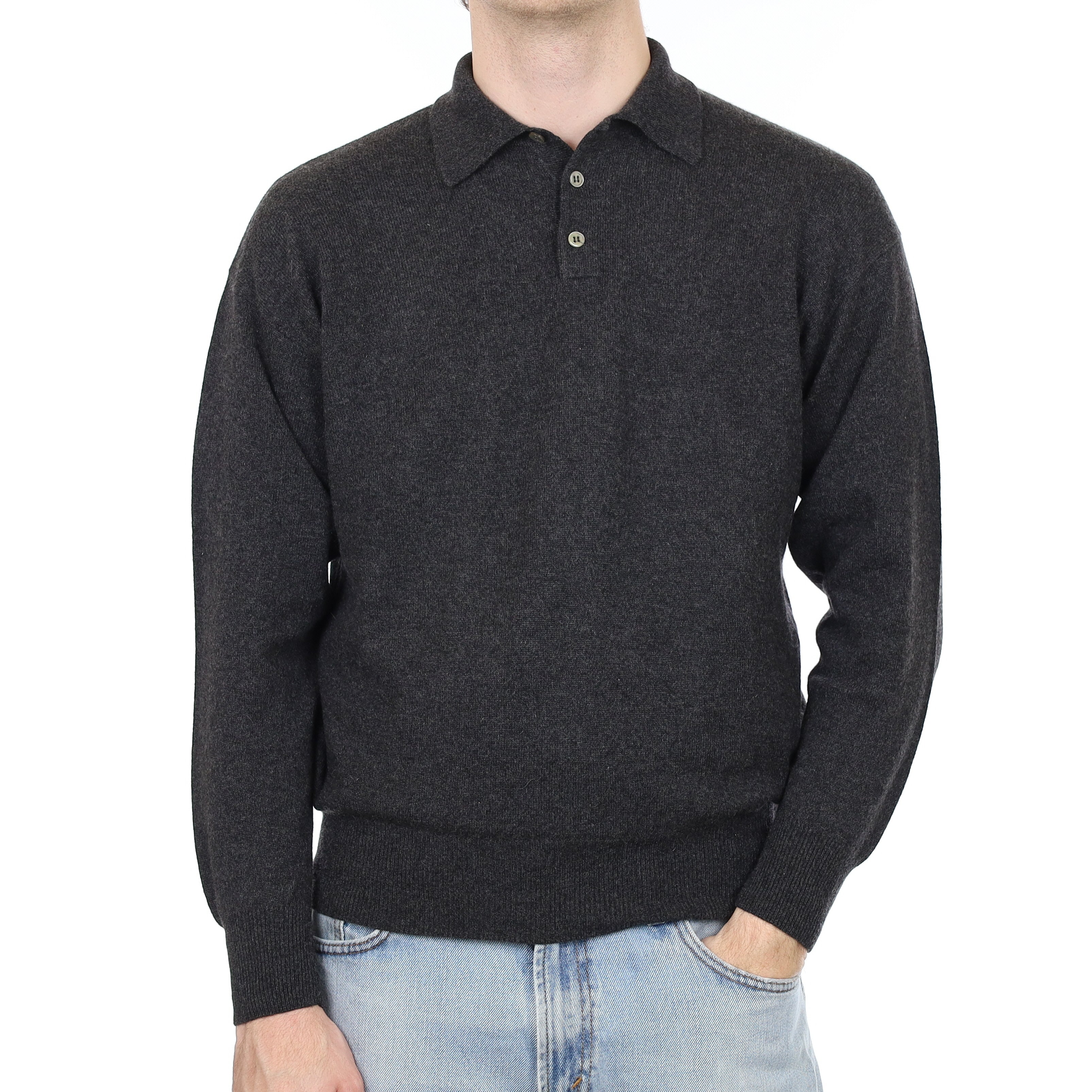 Men's Charcoal Grey Cashmere Collared 1/4 Button Jumper Medium