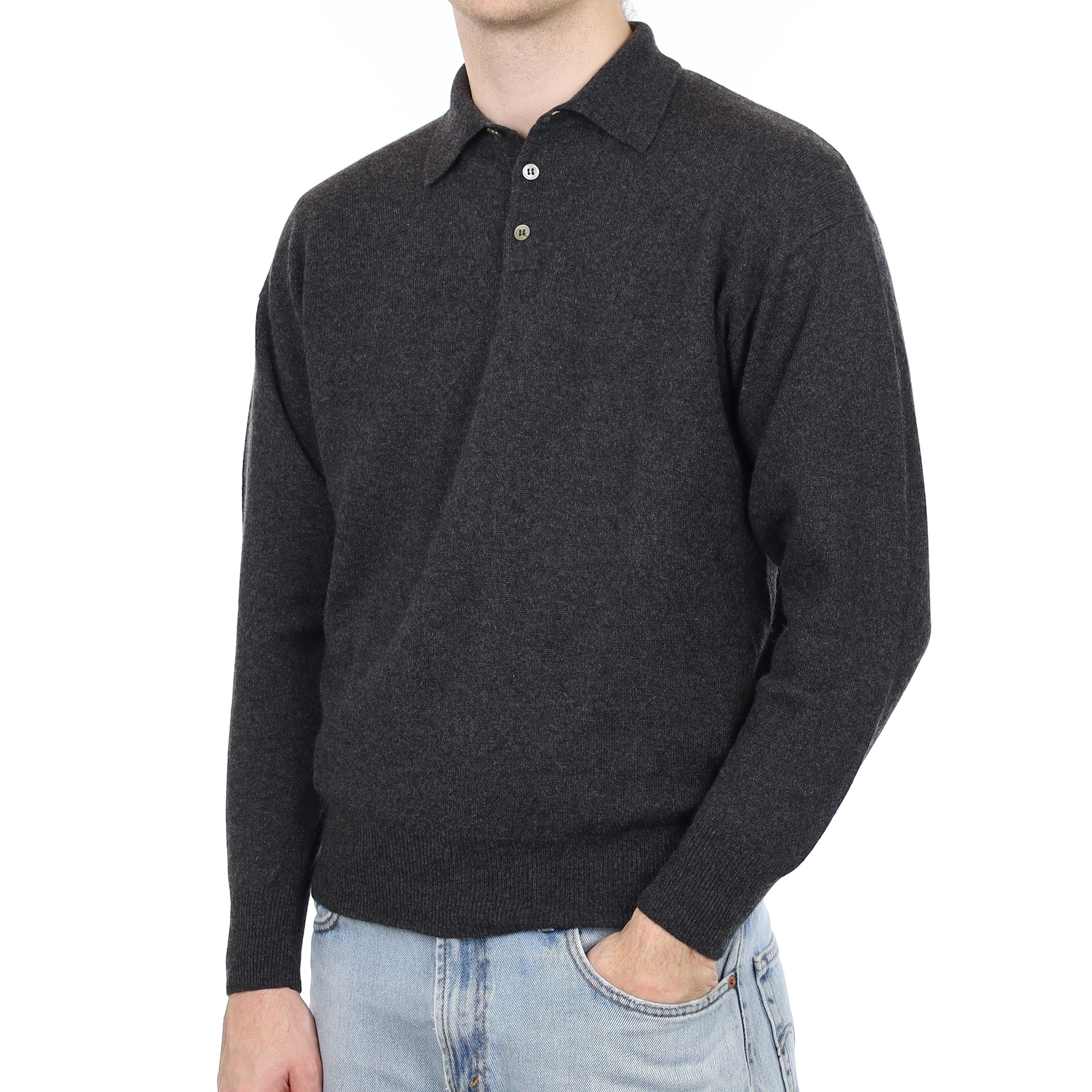 Men's Charcoal Grey Cashmere Collared 1/4 Button Jumper Medium