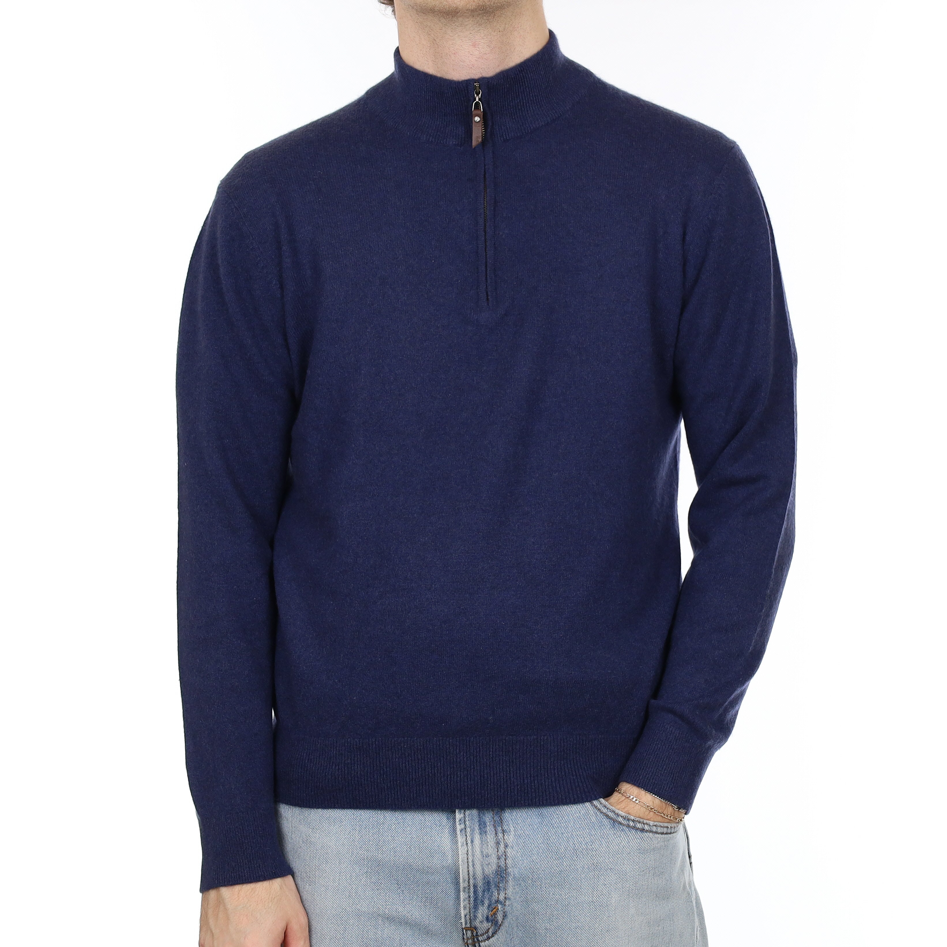 Men's Naval Blue Cashmere 1/4 Zip Jumper Medium