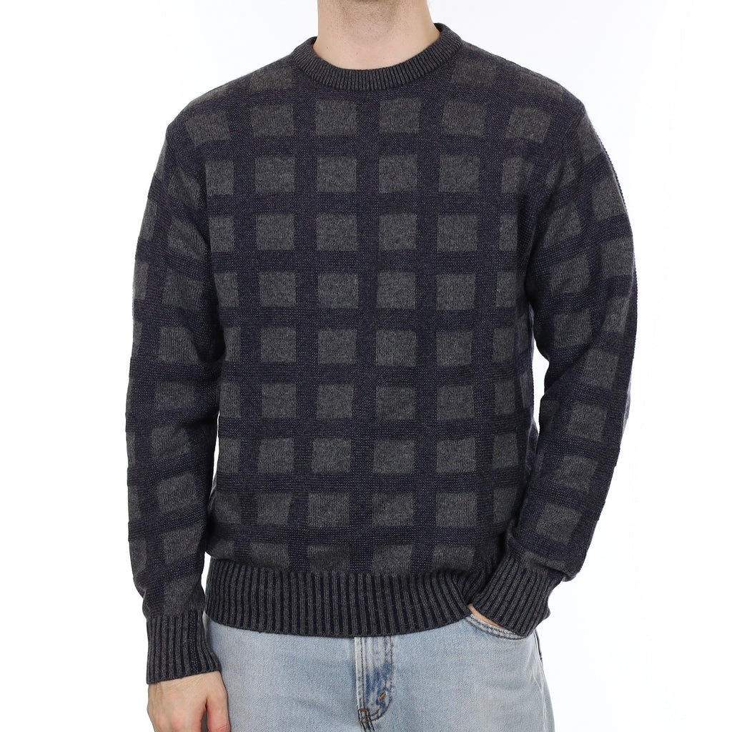 Men's Grey and Navy Block Pattern Cashmere Crew Neck Jumper Medium