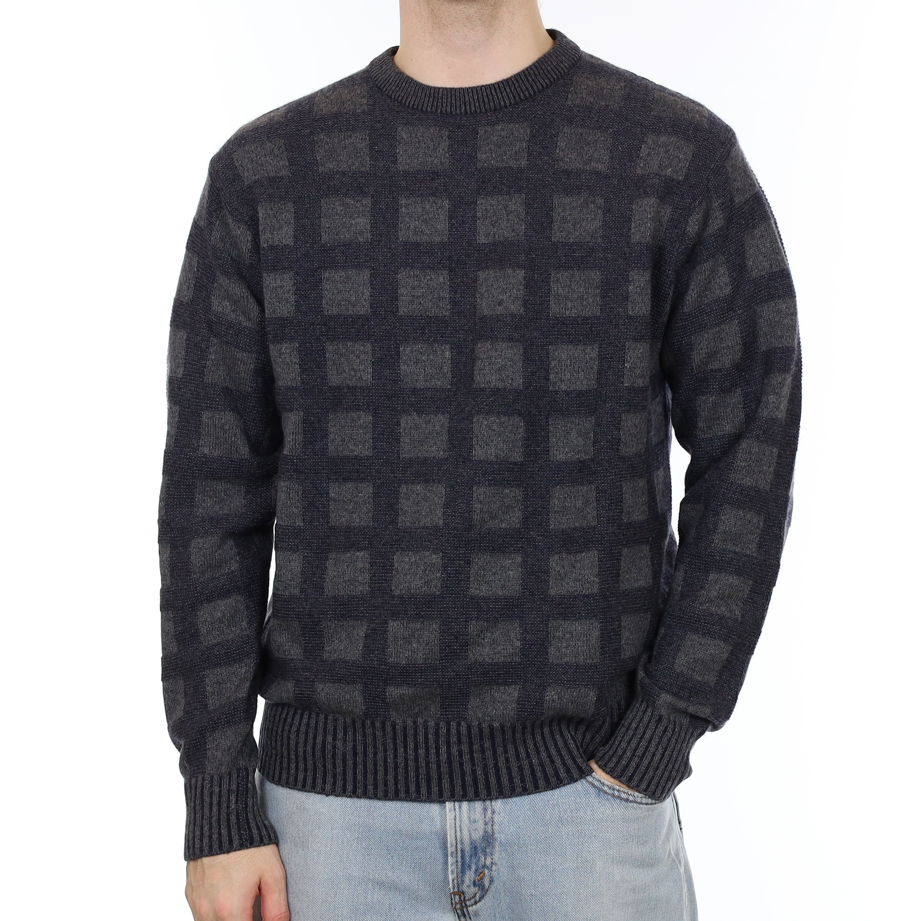 Men's Grey and Navy Block Pattern Cashmere Crew Neck Jumper Medium