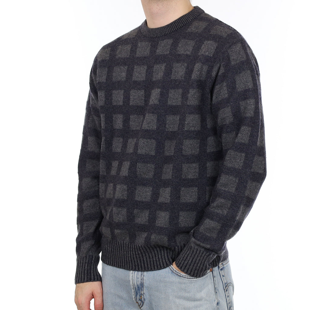 Men's Grey and Navy Block Pattern Cashmere Crew Neck Jumper Medium