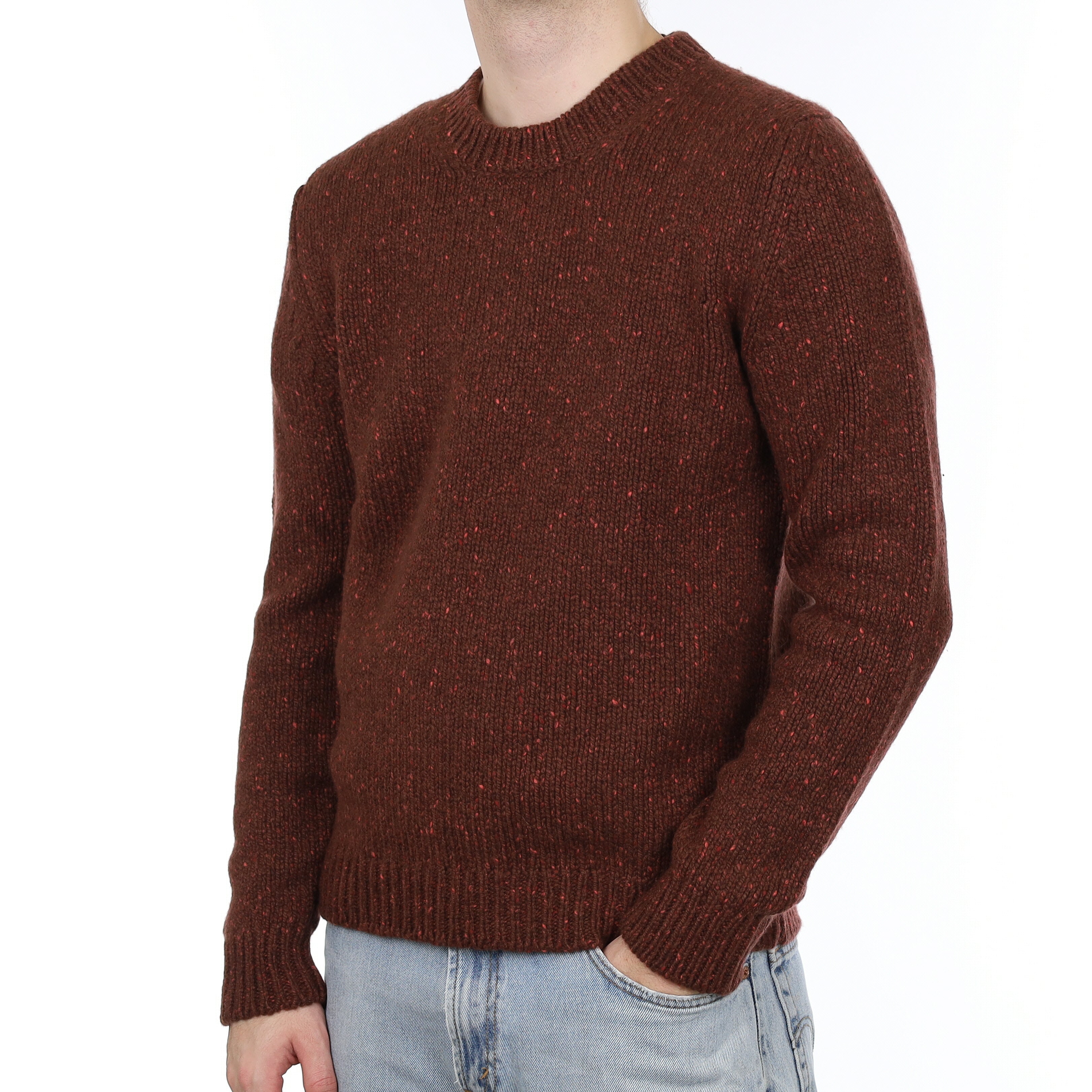 Men's Brand New Scottish Brown with Coral Fleck Chunky Cashmere Crew Neck Jumper Medium