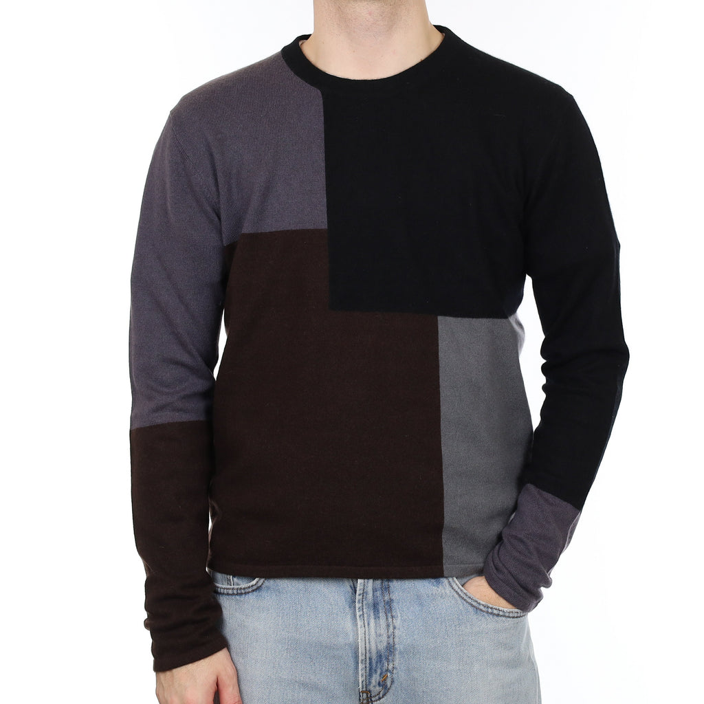 Men's Grey Colour Block Cashmere Crew Neck Jumper Medium
