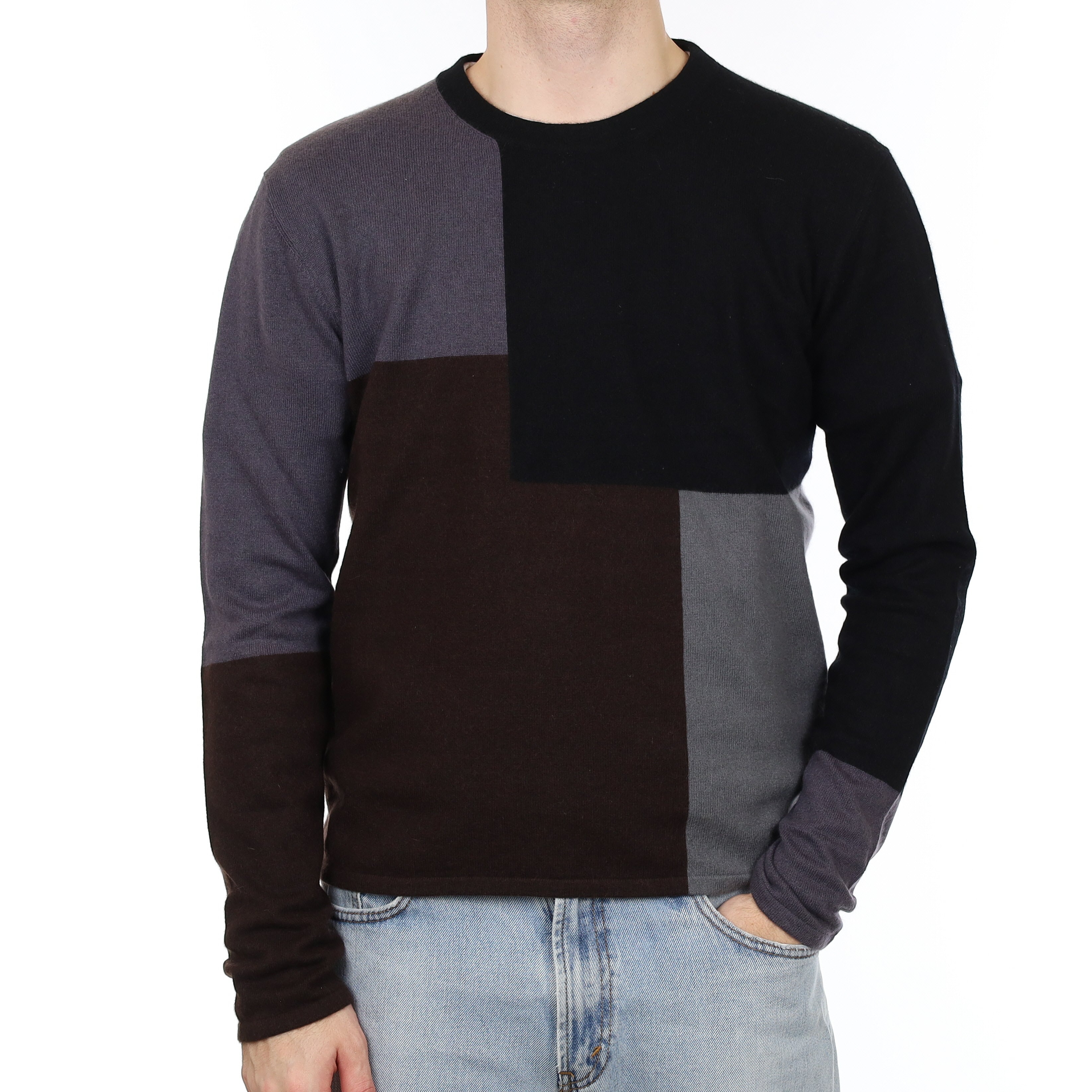 Men's Grey Colour Block Cashmere Crew Neck Jumper Medium