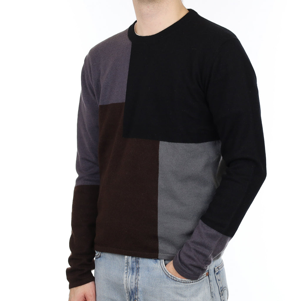 Men's Grey Colour Block Cashmere Crew Neck Jumper Medium