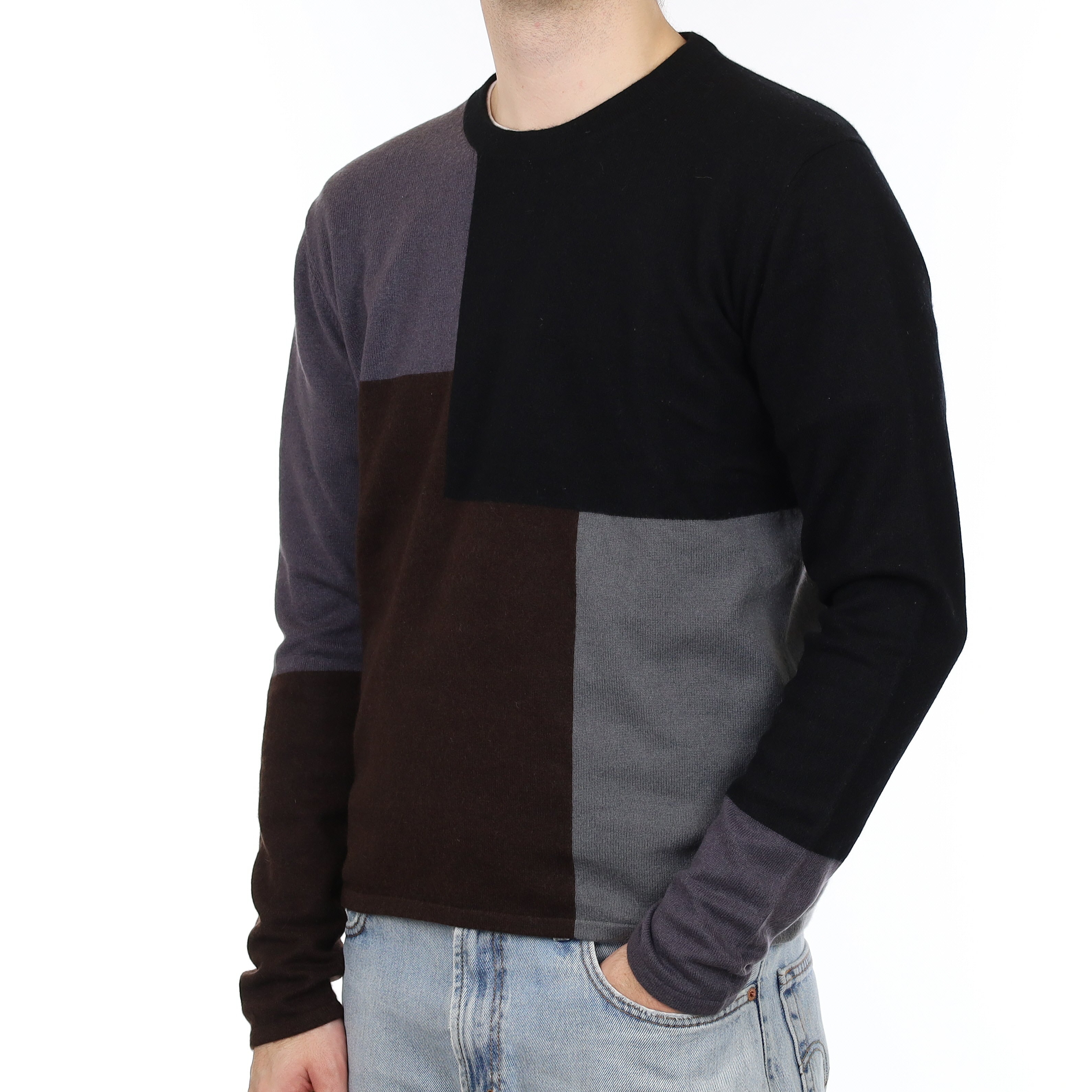 Men's Grey Colour Block Cashmere Crew Neck Jumper Medium