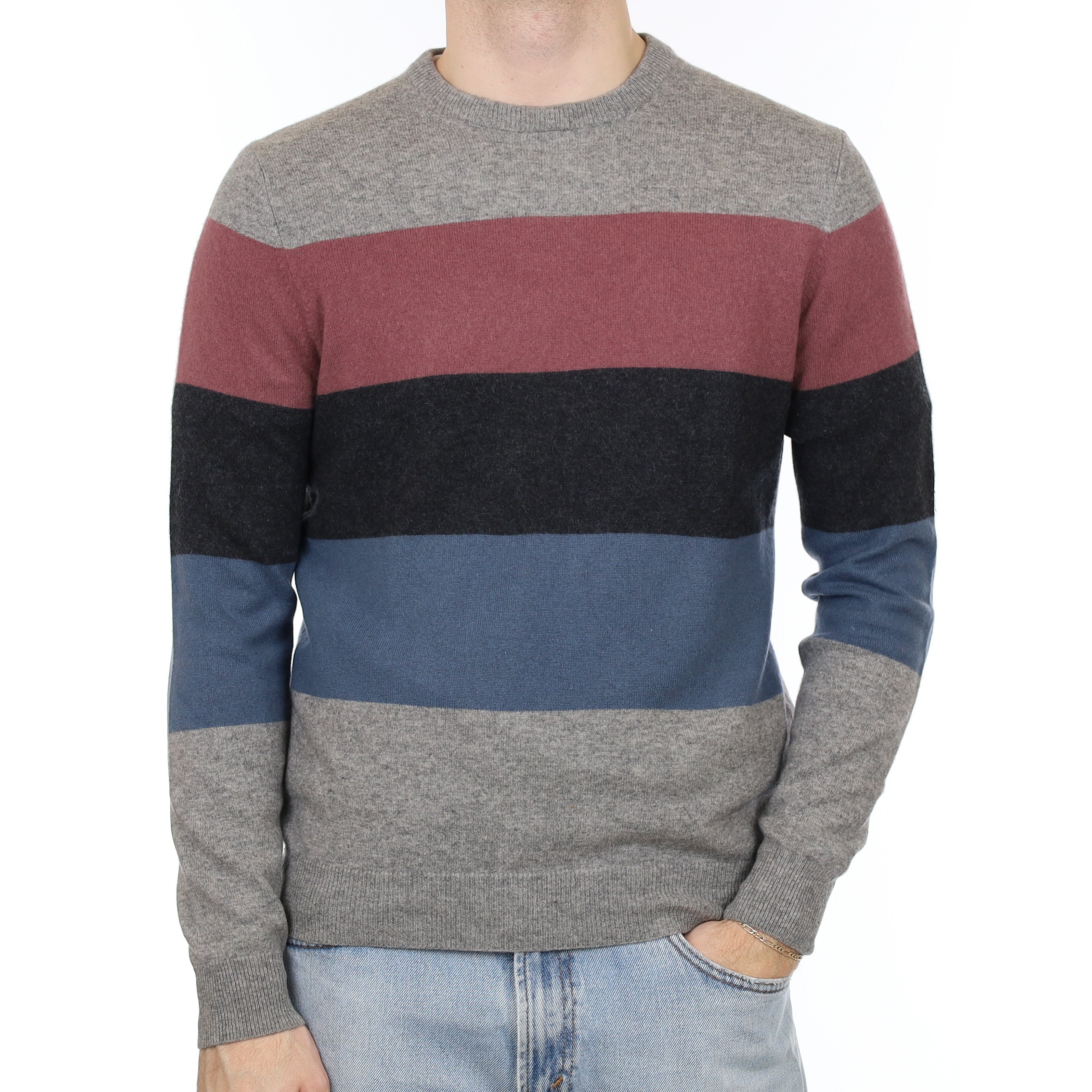 Men's Grey Pink & Blue Stripe Cashmere Crew Neck Jumper Medium