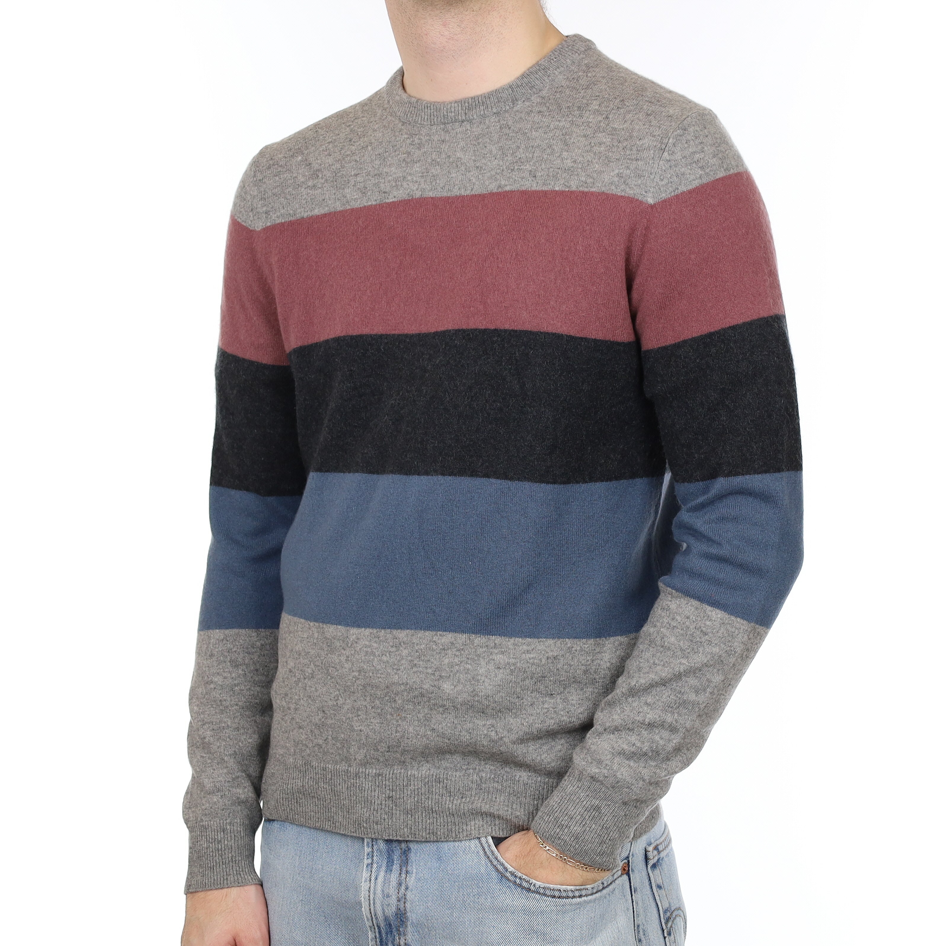 Men's Grey Pink & Blue Stripe Cashmere Crew Neck Jumper Medium