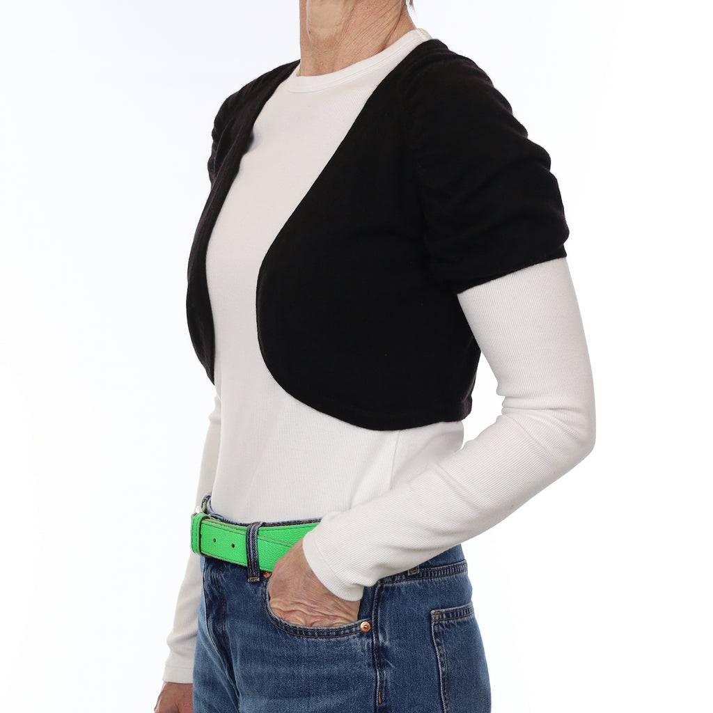 Black Cashmere Short Ruched Sleeve Bolero Cardigan Small
