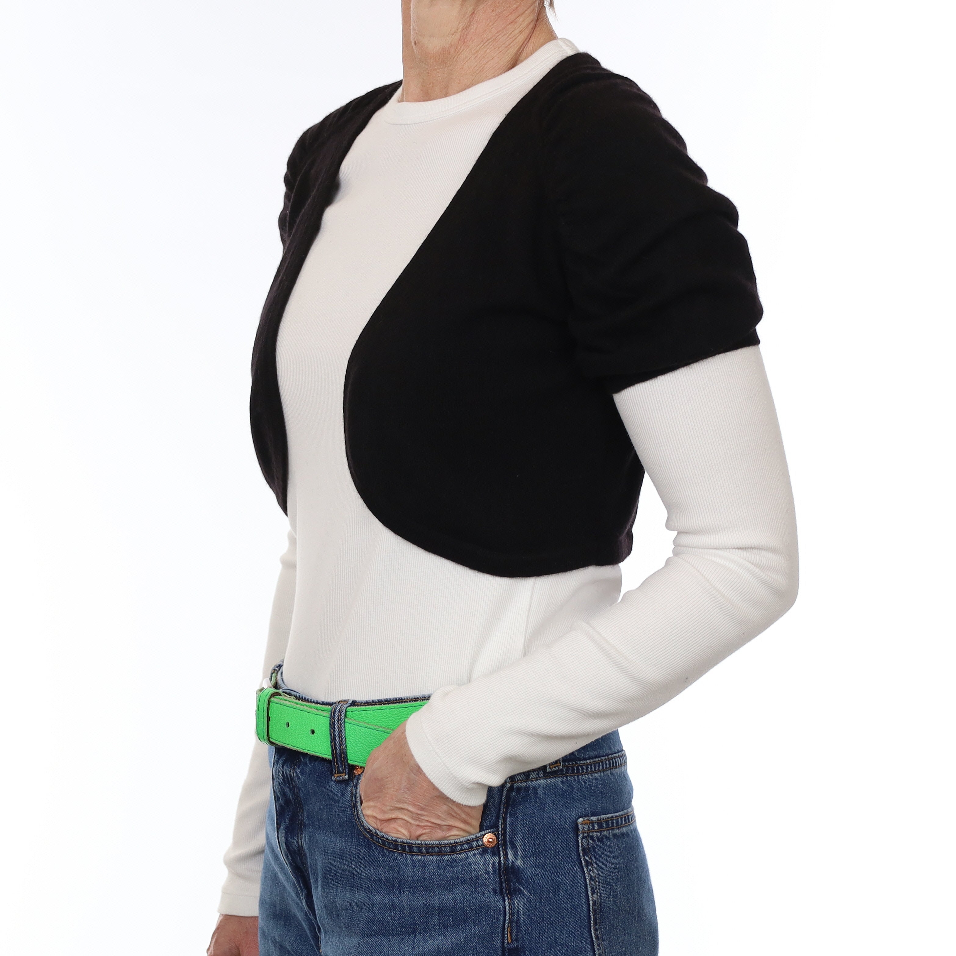 Black Cashmere Short Ruched Sleeve Bolero Cardigan Small